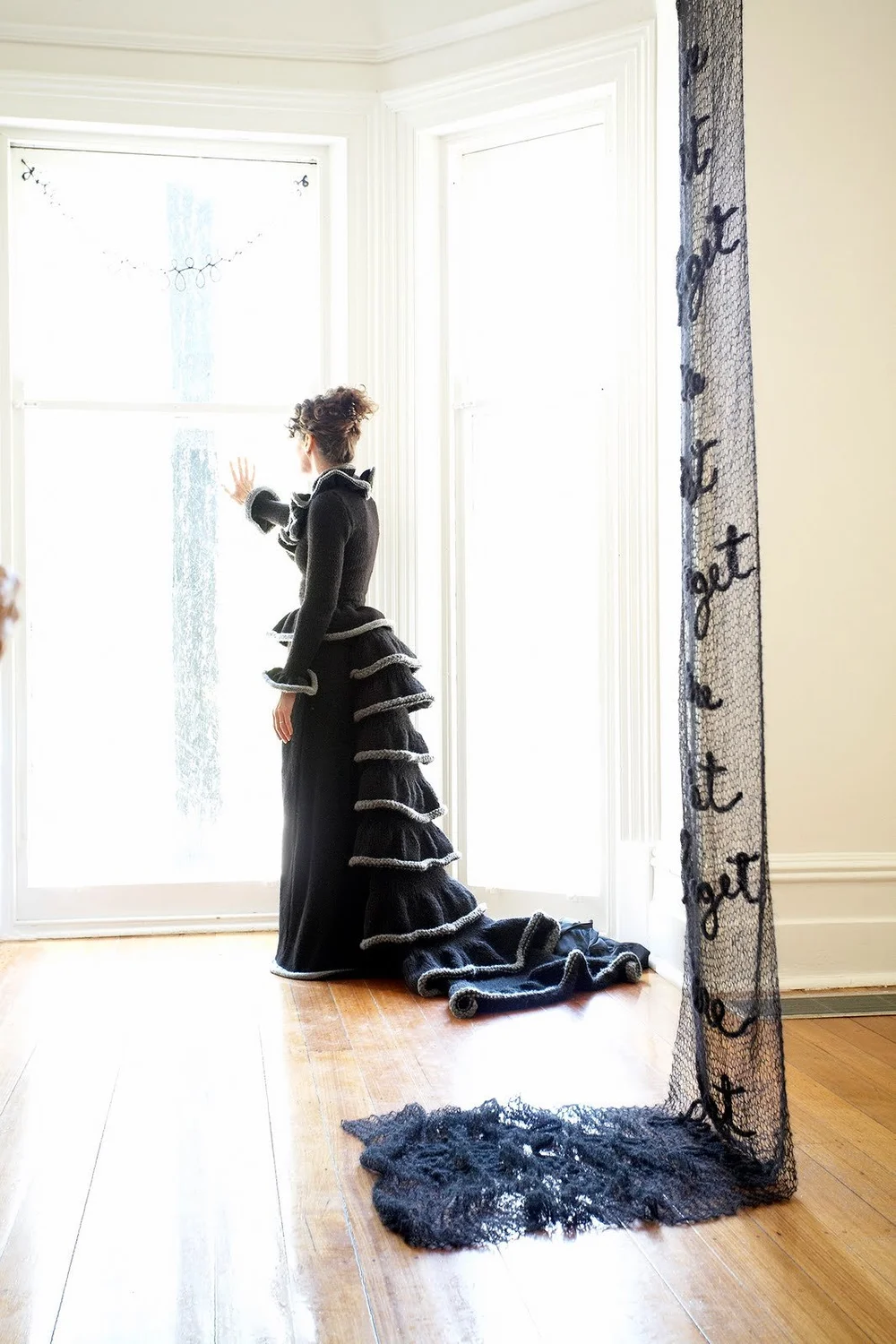 Hand knit installation and knitted costume as a memento mori