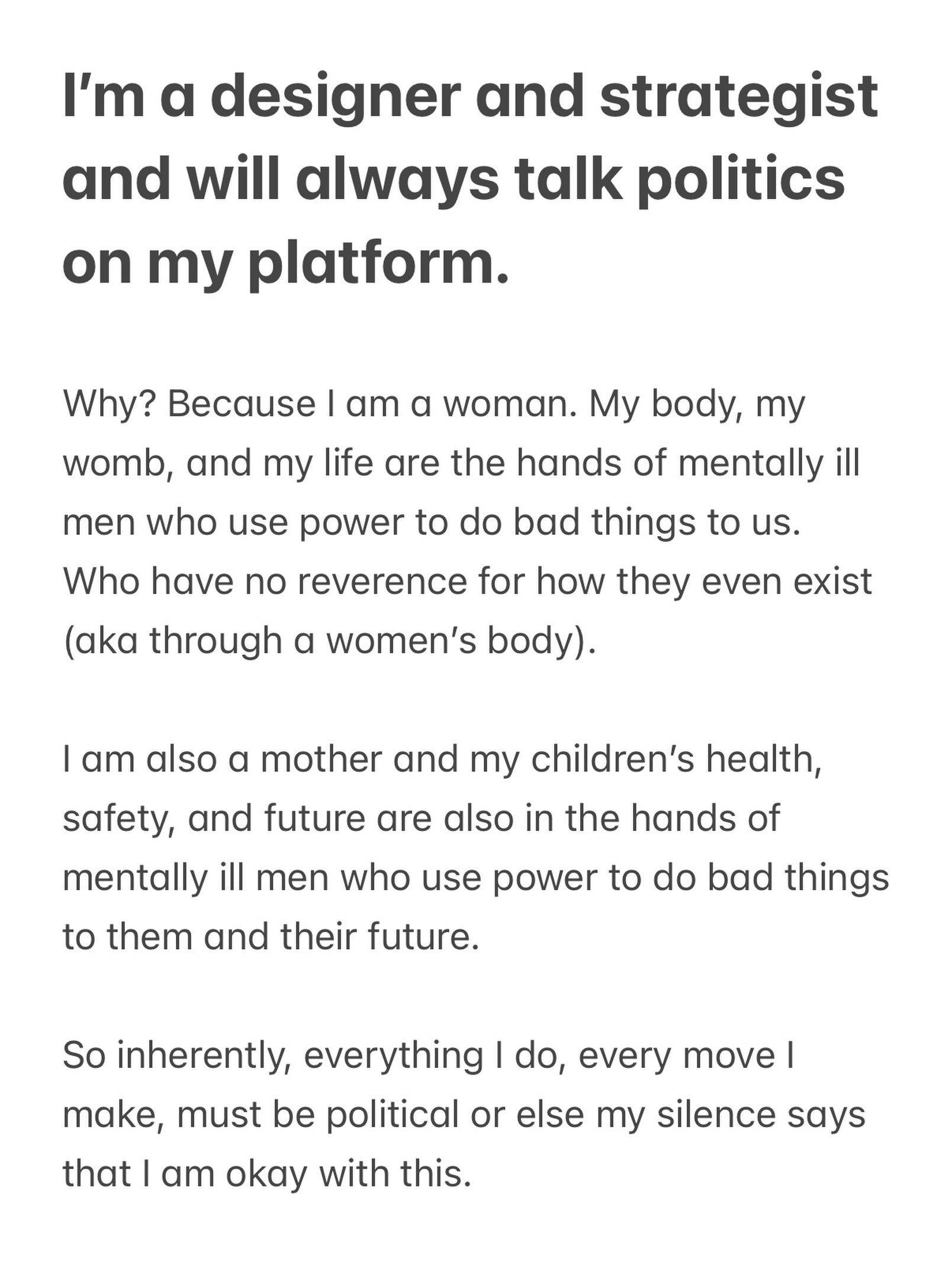 Sometimes people comment on how I talk about politics on my platform for business. It&rsquo;s not even usually negative. It&rsquo;s usually more like, wow, that&rsquo;s brave or bold or whatever the word is. I think it&rsquo;s critical. I think my bu