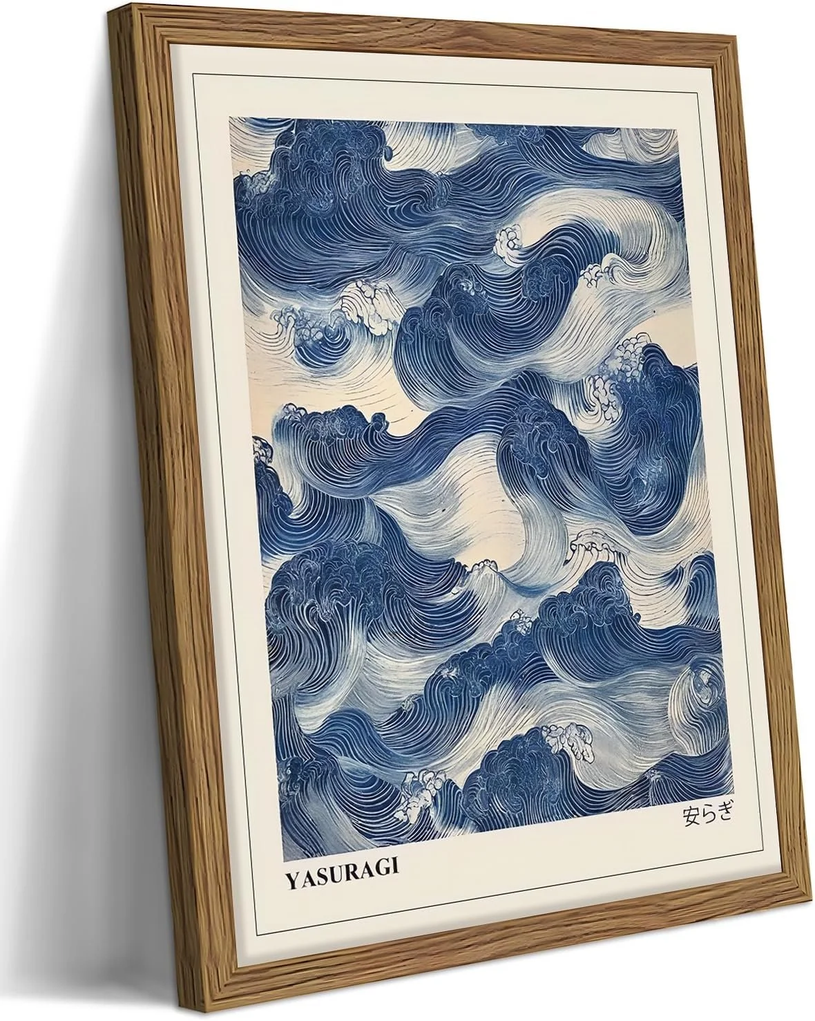 Framed Japanese Wall Art, Vintage Abstract Blue Waves