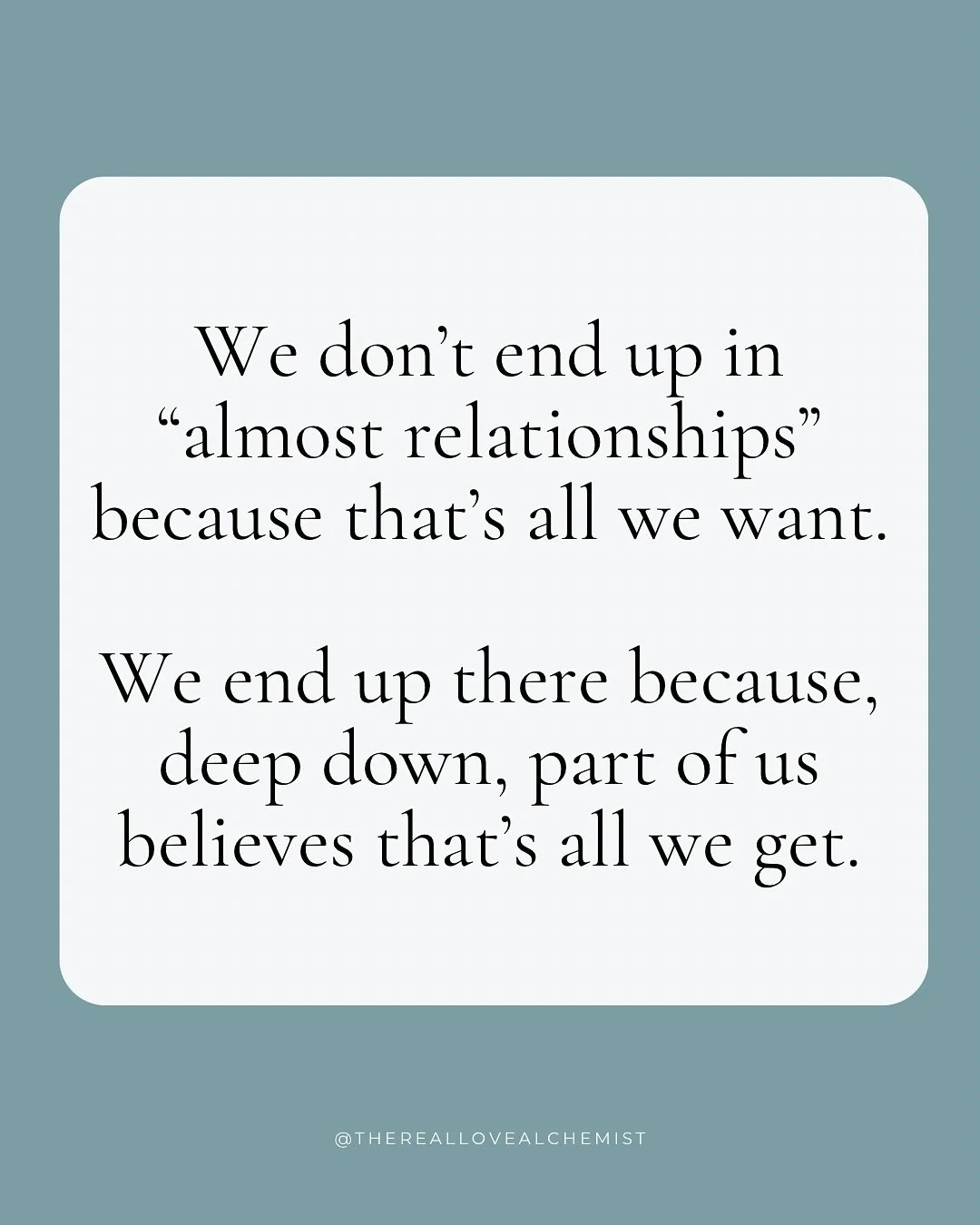 Here&rsquo;s the thing about &ldquo;almost relationships...&rdquo;

They&rsquo;re not proof you&rsquo;re unlovable.

They&rsquo;re proof of the energetic patterns you inherited.

Because no one wants to waste their heart on someone who half-shows up.