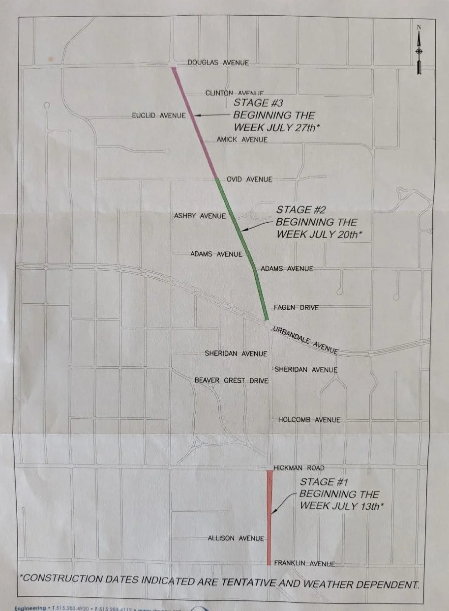 A photo of the construction map provided by the City of Des Moines for the Beaver Ave construction timelines