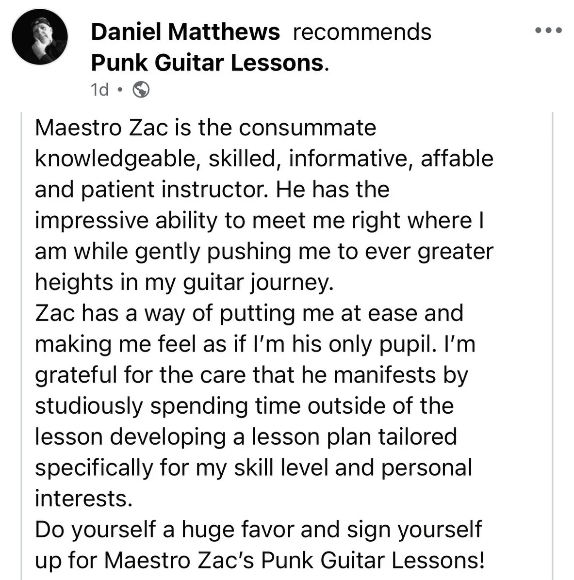 A review from one of my newest students, Daniel! We met recently on Threads when I asked people to post their green guitars. 

Sign up for a lesson today and watch your guitar or bass skills skyrocket! Courses also available.

#guitar #guitarlessons 