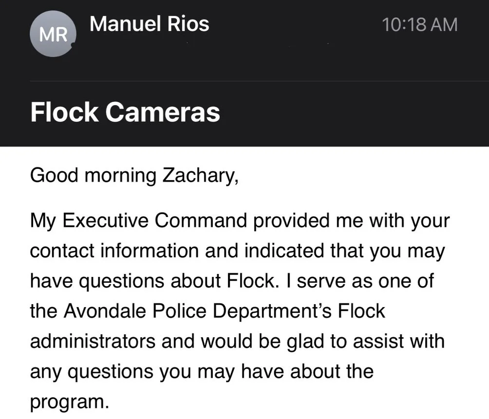 requested to speak at the Avondale city council meeting about &ldquo;Unconstitutional Flock cameras&rdquo; - so of course i&rsquo;m getting calls and emails the week from police officers before 👀

this feels 100% like intimidation - i requested to s