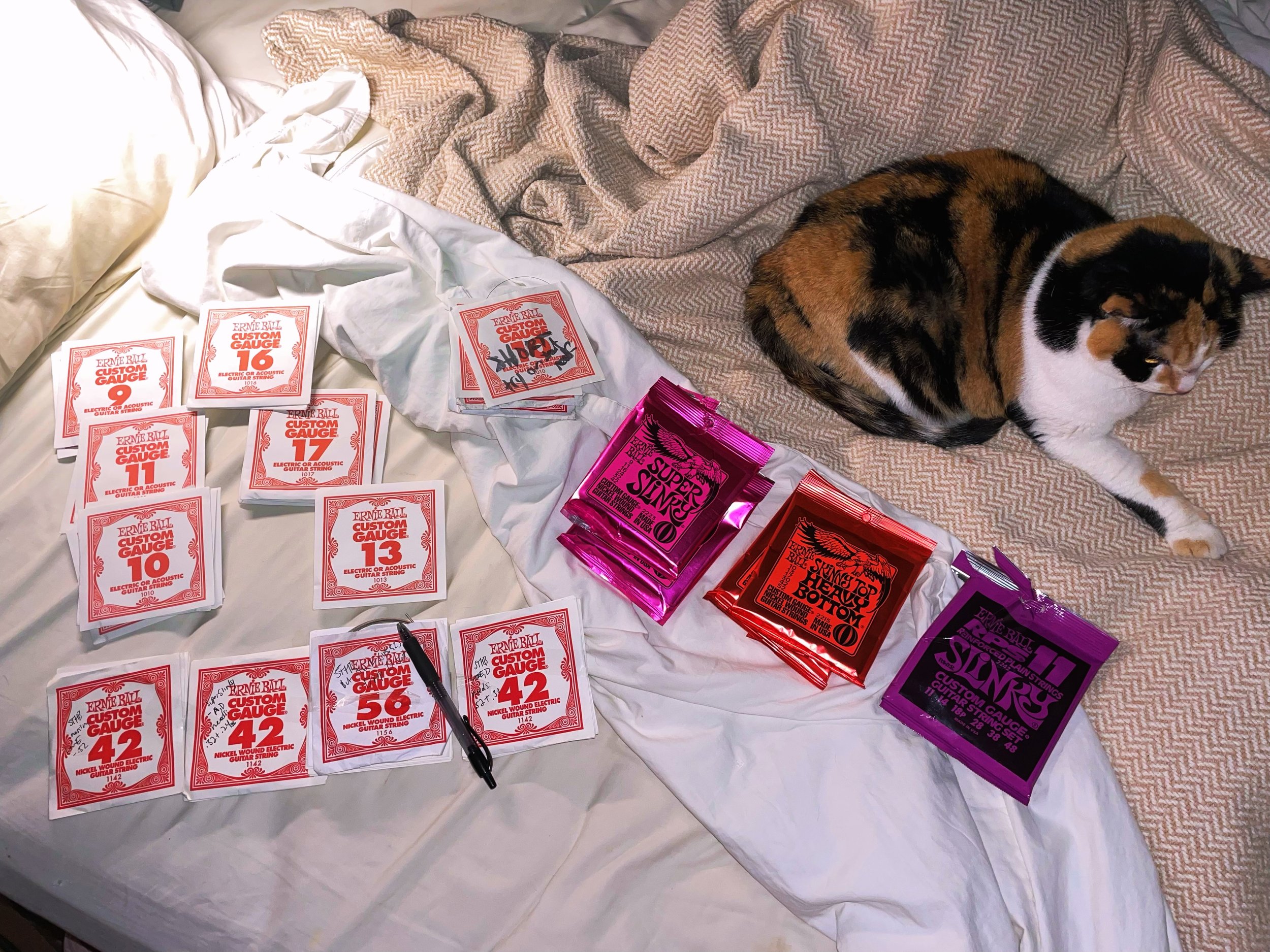 had a bunch of looseys, ordered some single strings with points i had to try and pad out some sets. worked! can&rsquo;t seem to find any lower gauge singles though, only the treble strings. 

for one set of Skinny Top Heavy Bottoms, they were missing