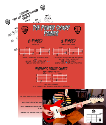 A thumbnail image of the Power Chord Primer Course Guide, which includes helpful diagrams for different kinds of power chords as well as tips for using power chords