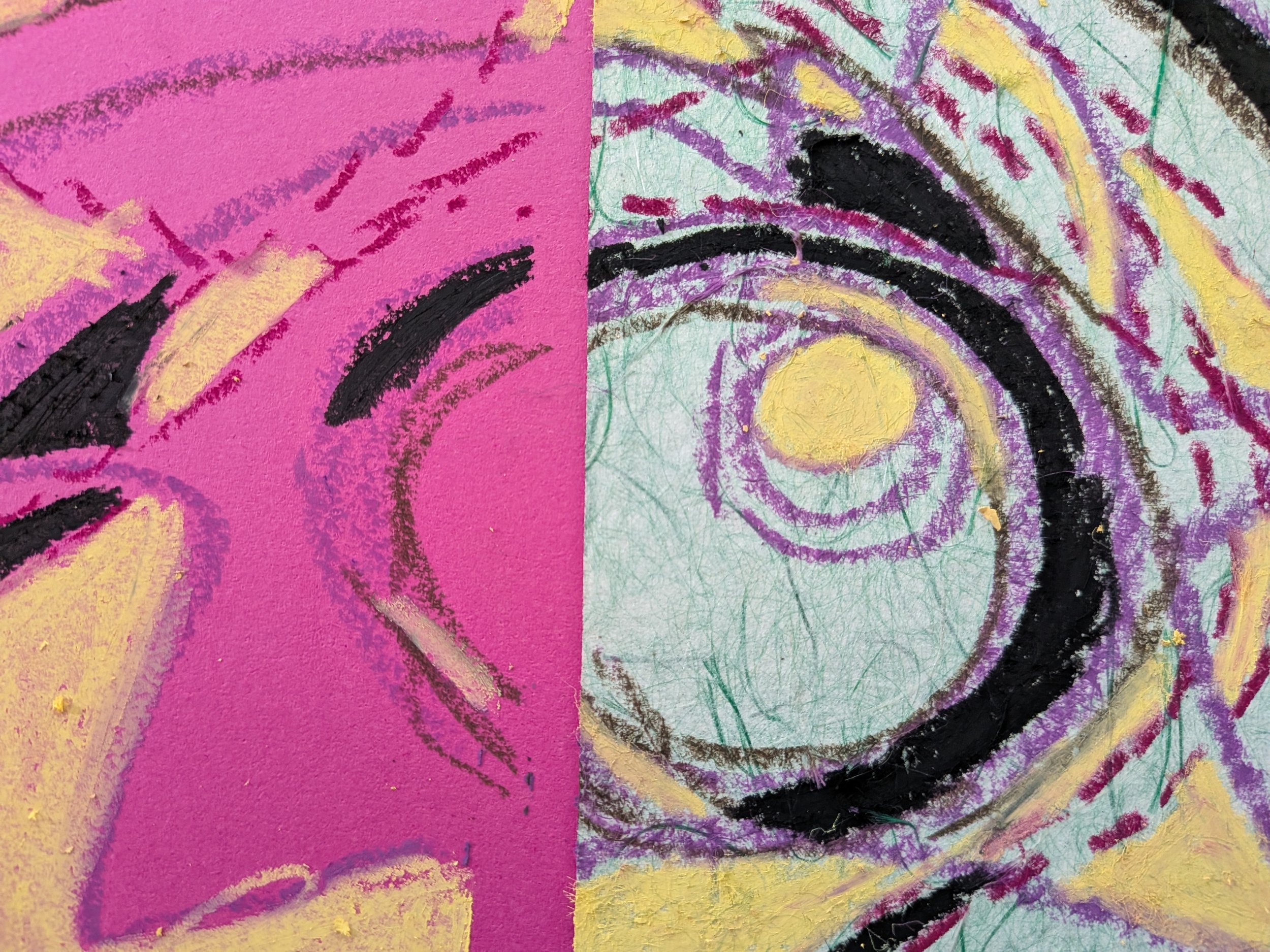 Colored lines and shapes on pink and green