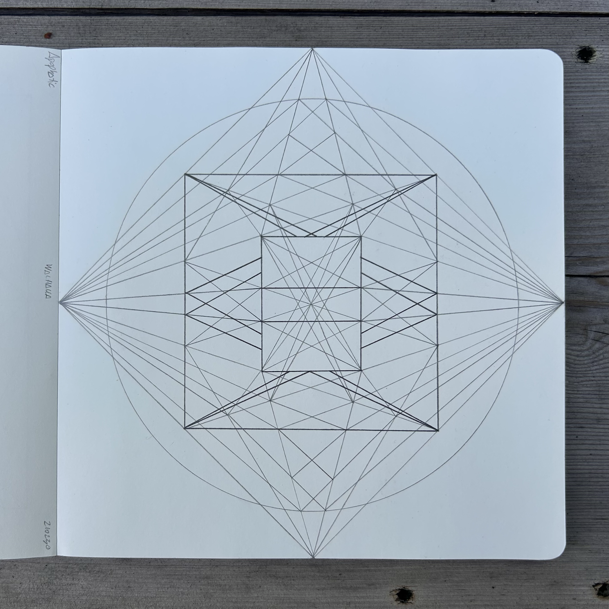 A geometric line drawing with various intersecting lines forming cubes, triangles, and circles on a white sheet of paper.