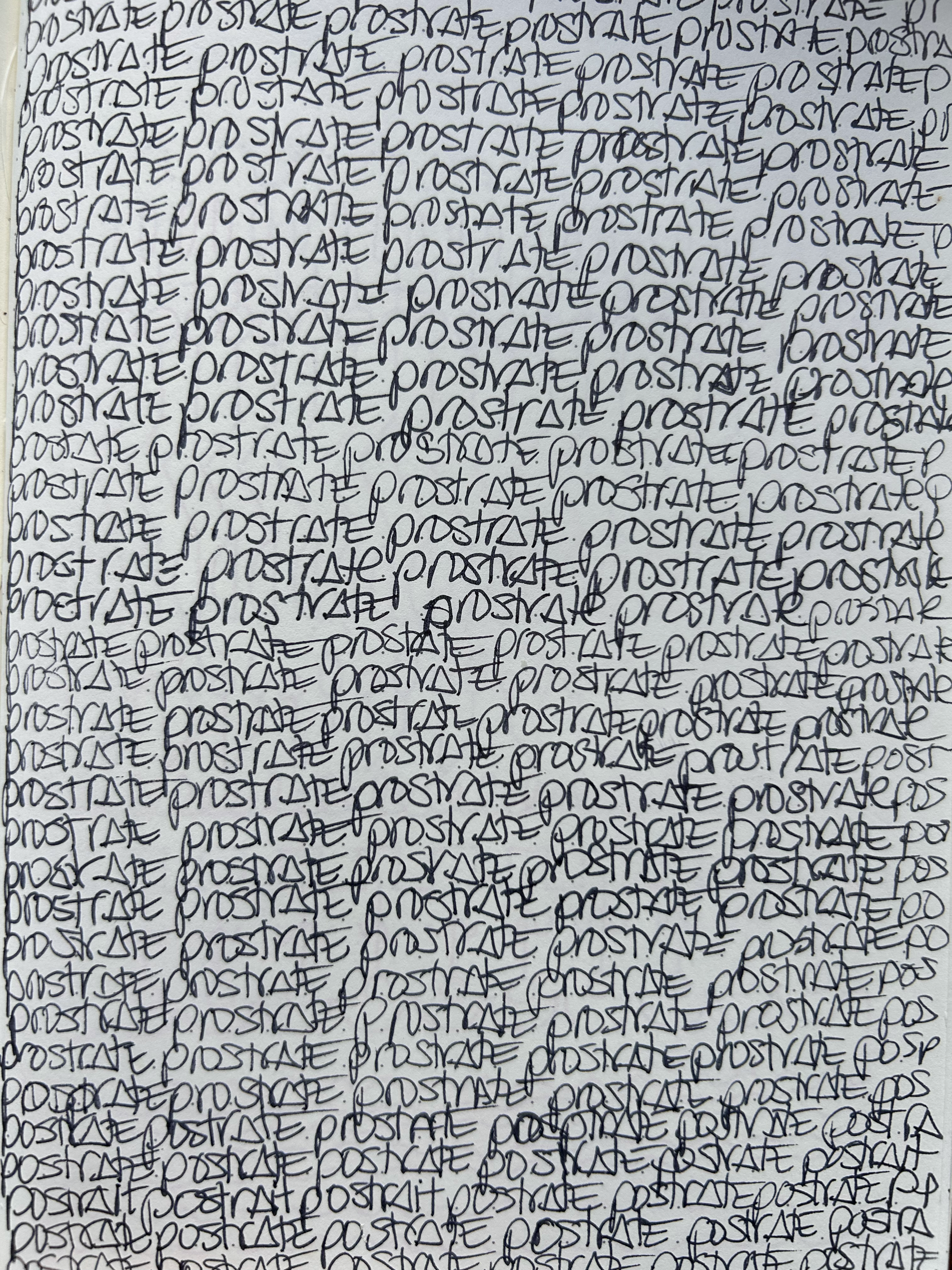 A densely handwritten note with the word 'POST' repeatedly written all over in black ink on white paper.