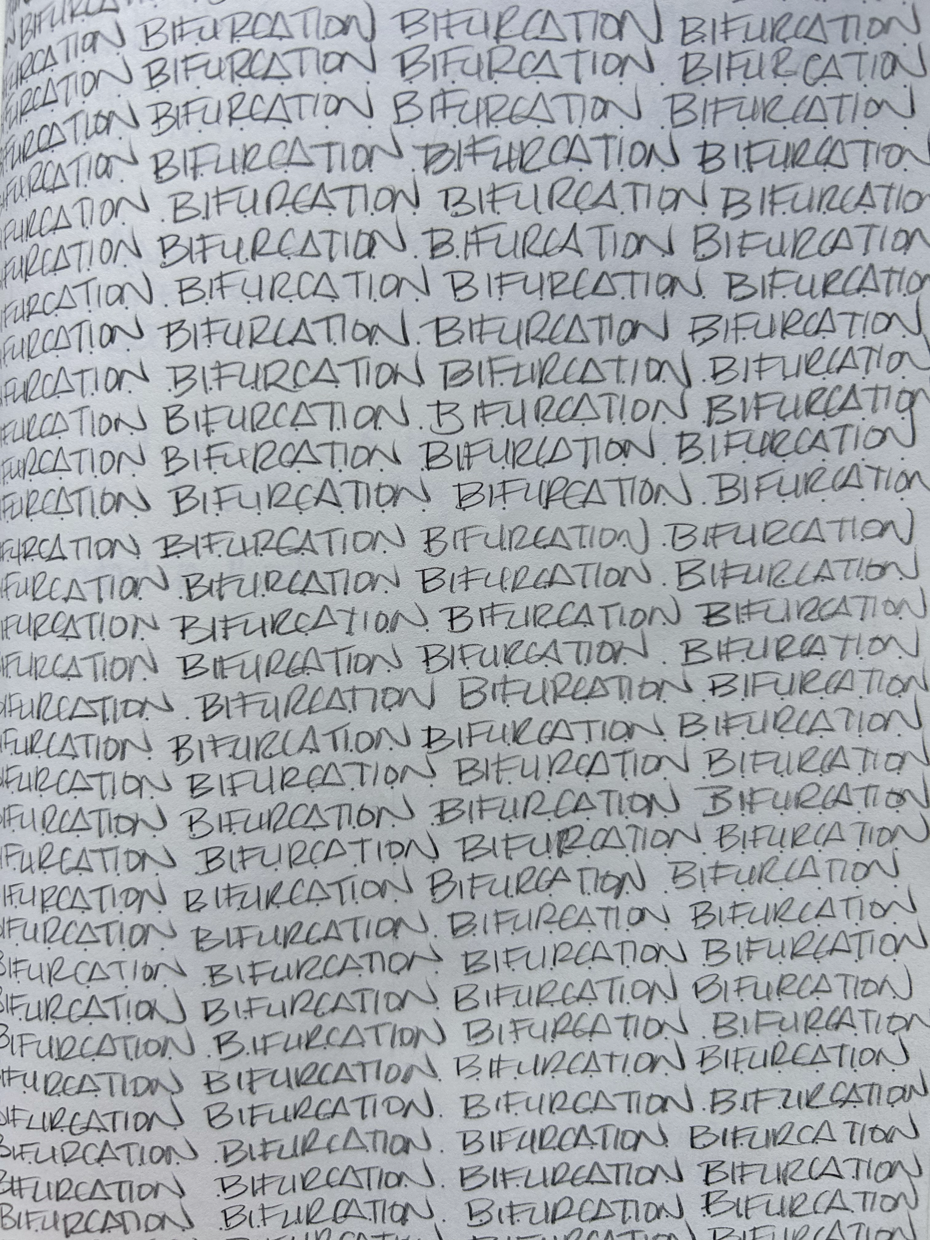 Repeated handwritten text saying 'BIFURCATION' in black ink on white paper.