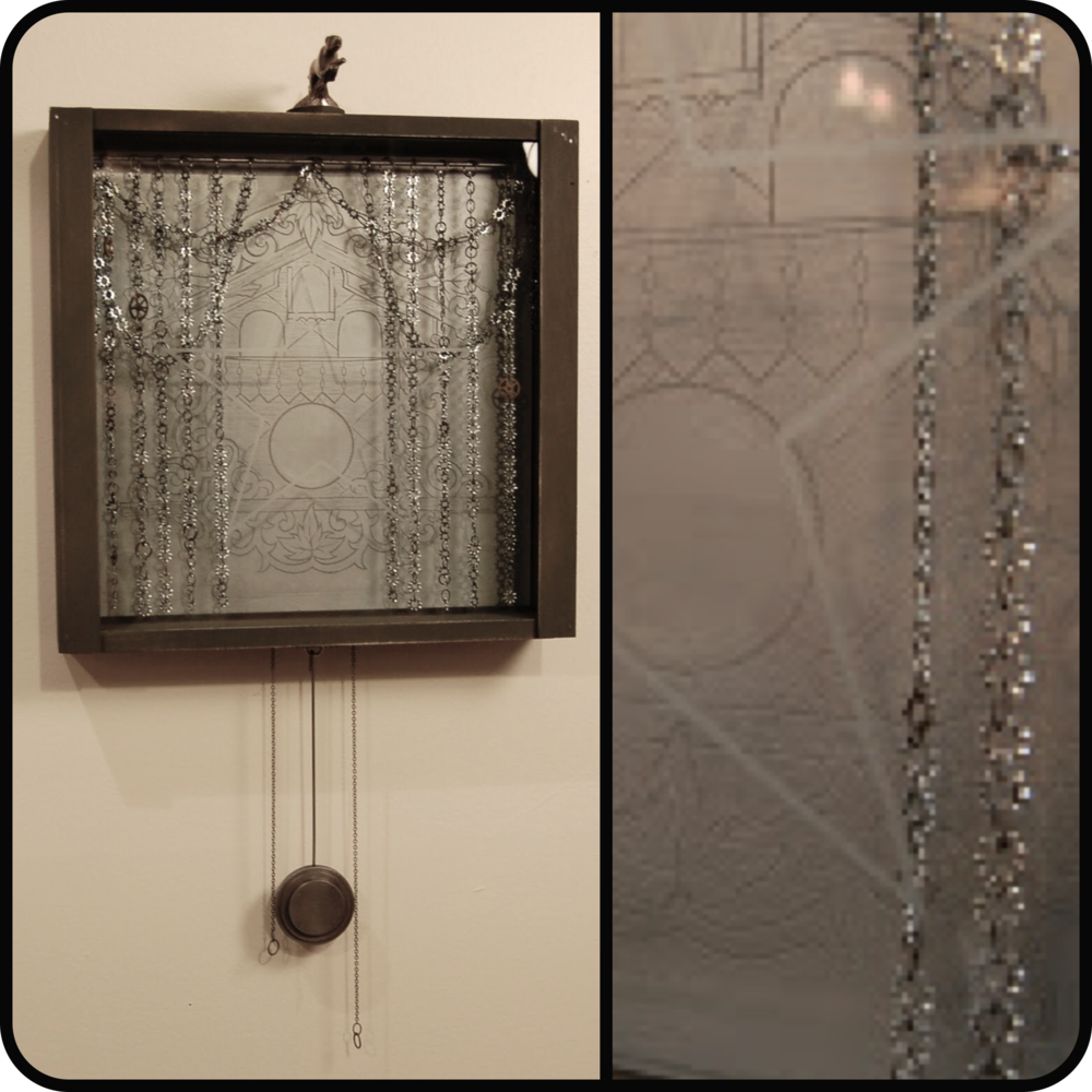 A vintage wall clock with a decorative case and a crystal beaded curtain.