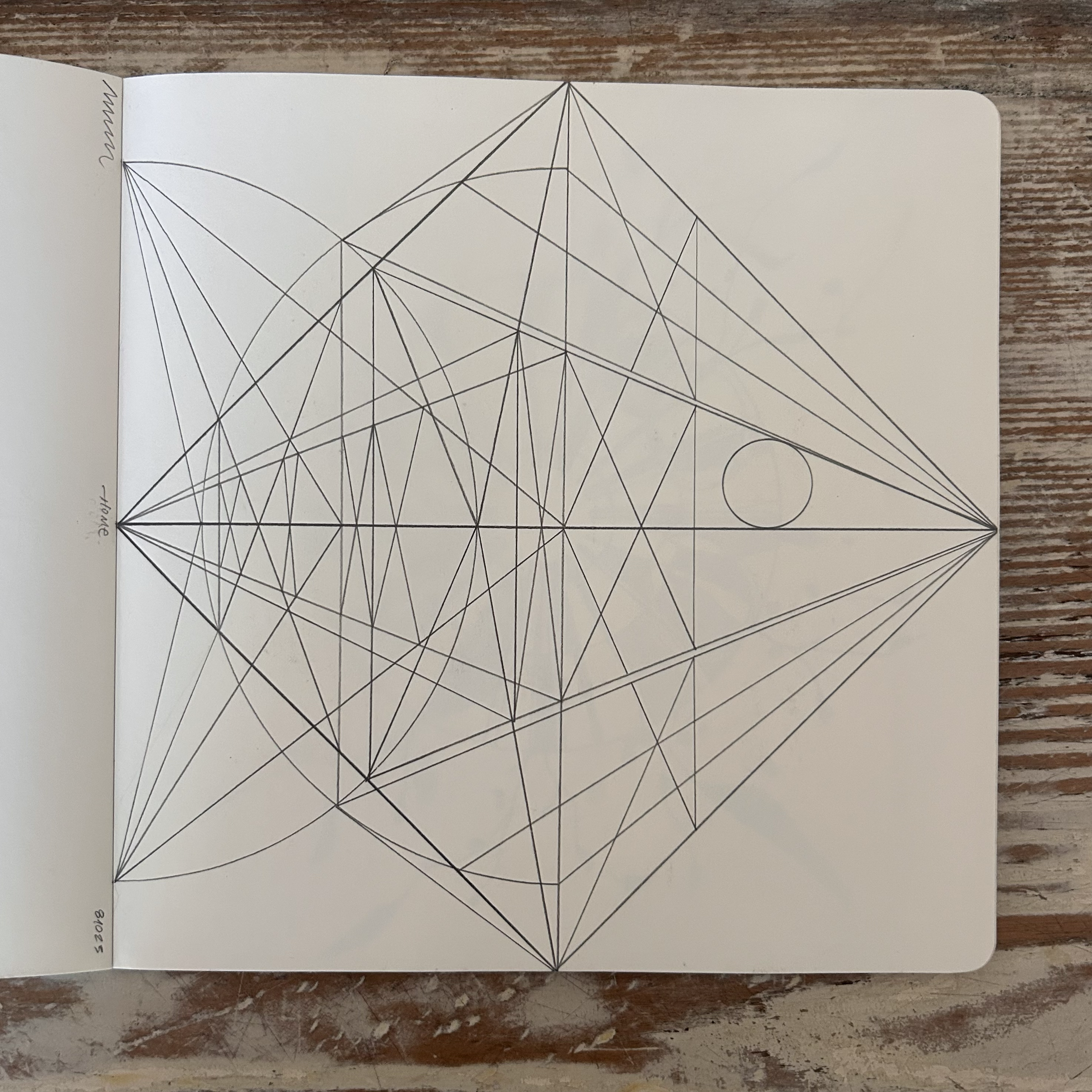 Abstract geometric design with intersecting lines forming triangles, a circle within, and multiple layers of interconnected shapes.