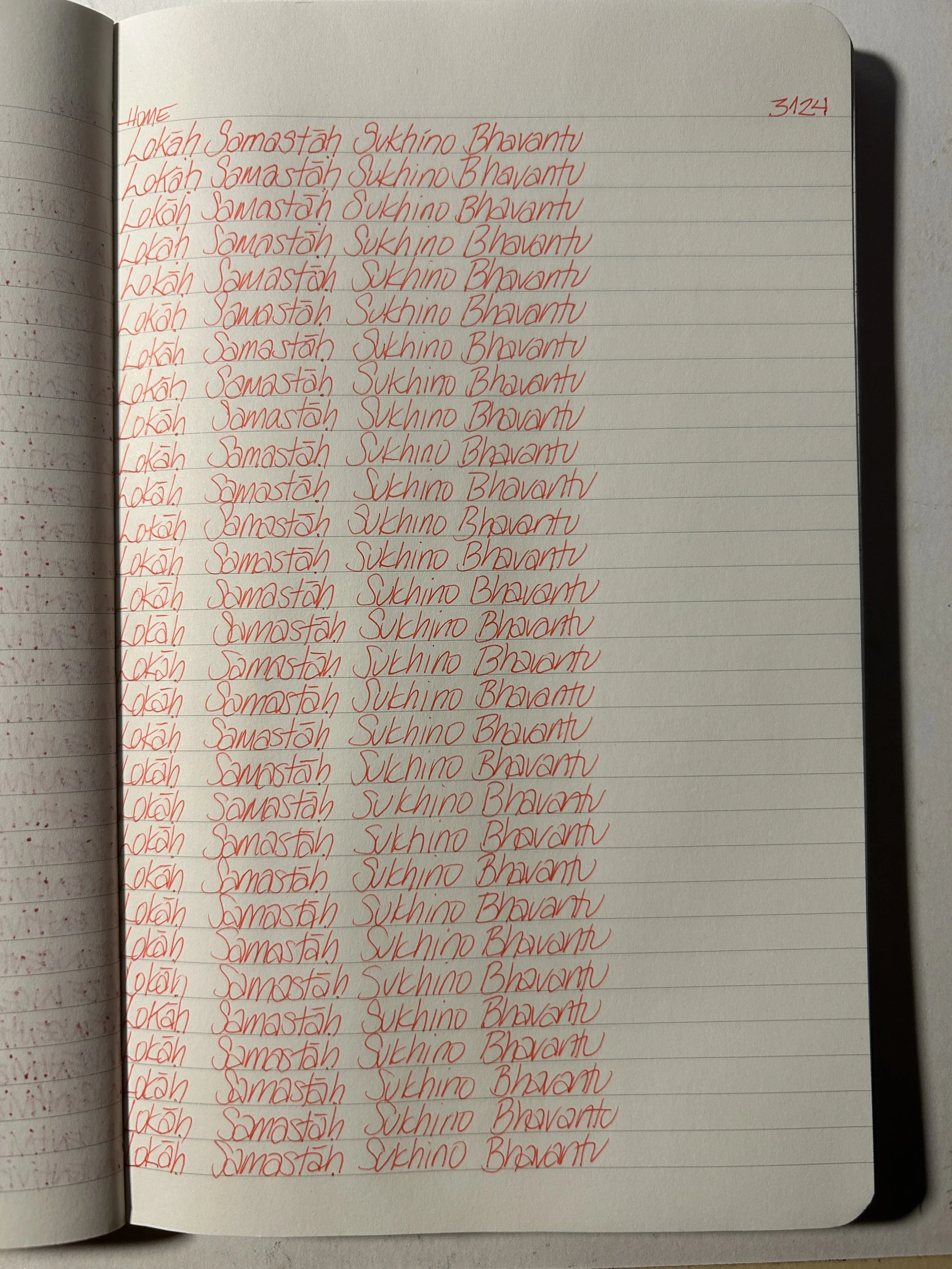 Page filled with repeated handwritten words in red ink: 'Lokah Samastah Sukhino Bhavantu' and 'Lokah Samastah Sukhino Bhavantu'.
