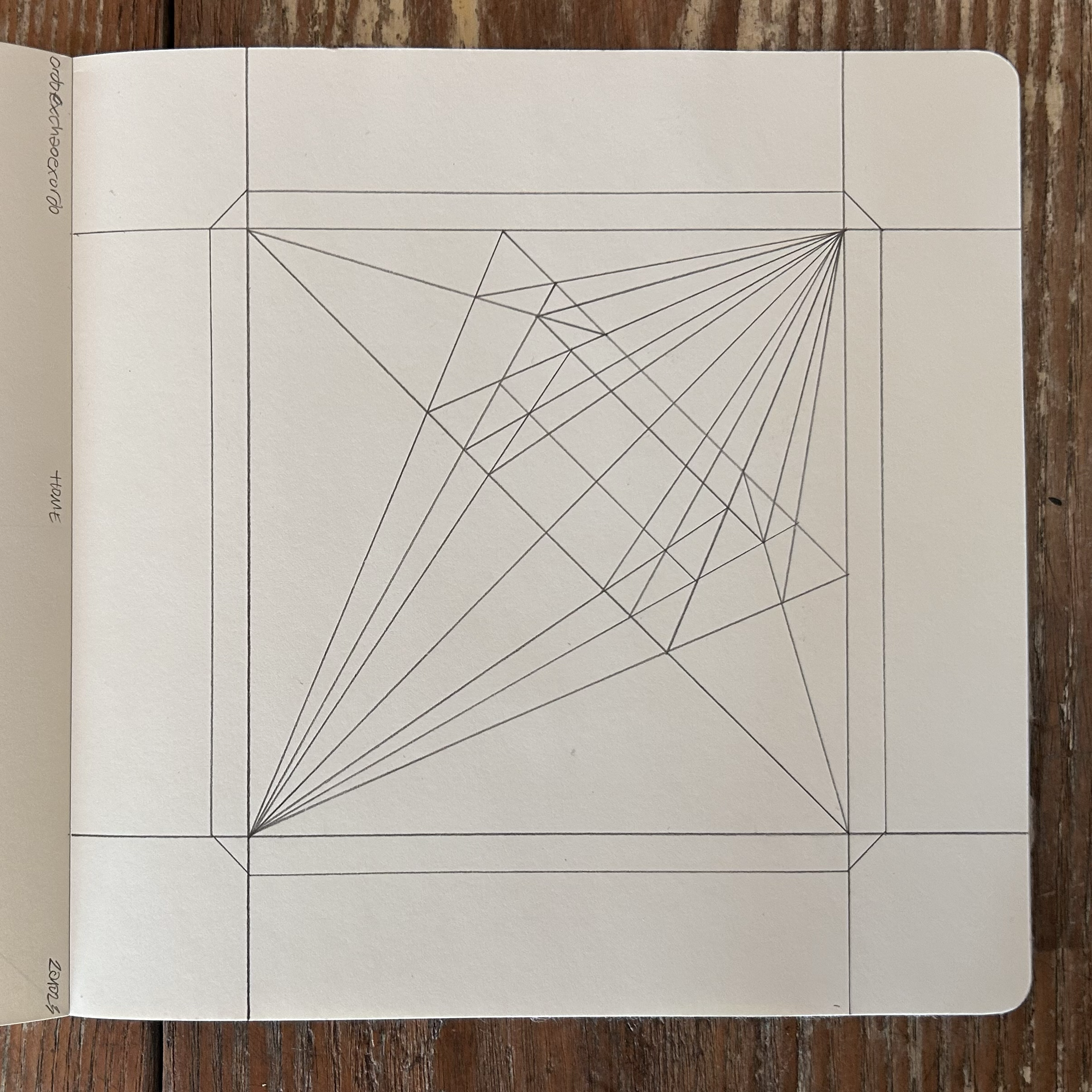 A grid with various straight lines intersecting, creating geometric shapes within a square outline, drawn on a sheet of paper labeled 'Note-taking Paper' and dated 2023.