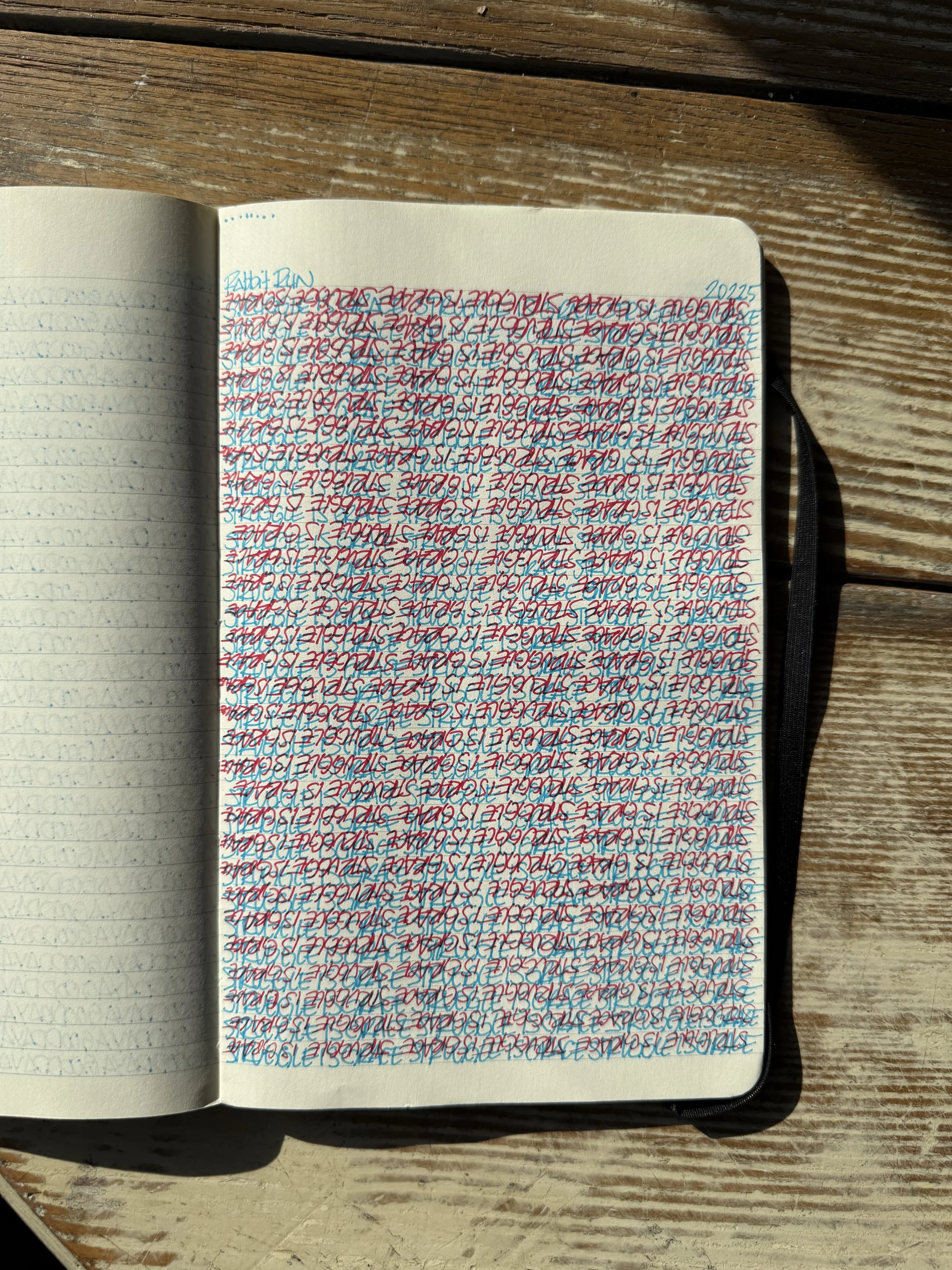 Notebook opened to a page filled with cursive writing in blue ink with overlay of red ink, placed on a wooden surface.