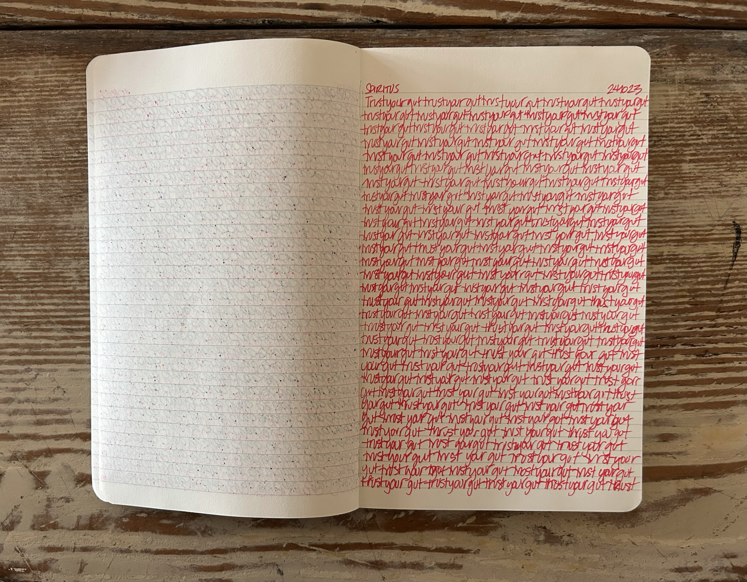 Open notebook lying on a wooden table, with handwritten notes on the right page in red ink, and the left page is blank. The notes include the word 'SPARTUS' and repeated phrases.