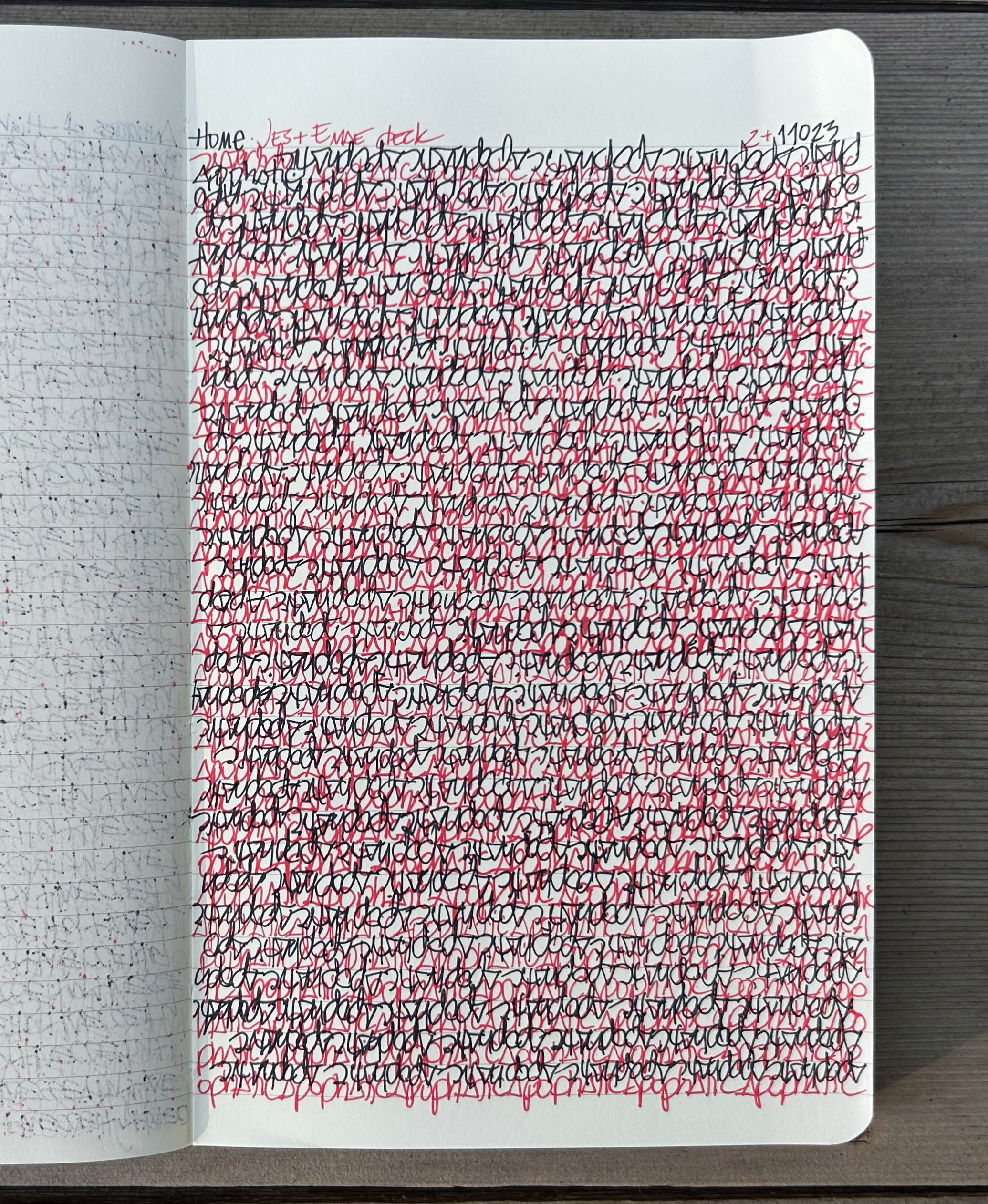 A notebook page filled with handwritten notes in black and red ink, with small grid lines faintly visible in the background.