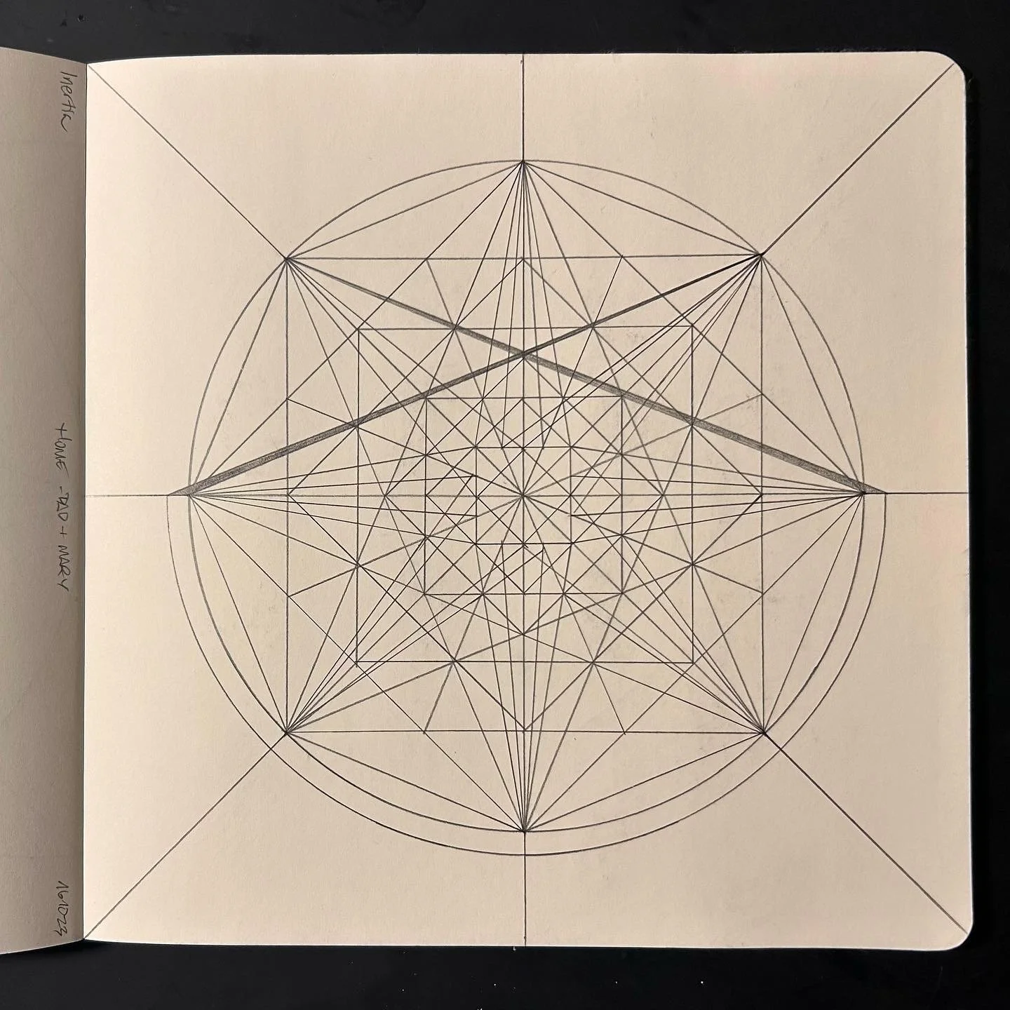 Geometric drawing featuring complex interconnected lines and shapes within a circle, drawn on a notebook page titled 'Wednesday' on the top left corner.
