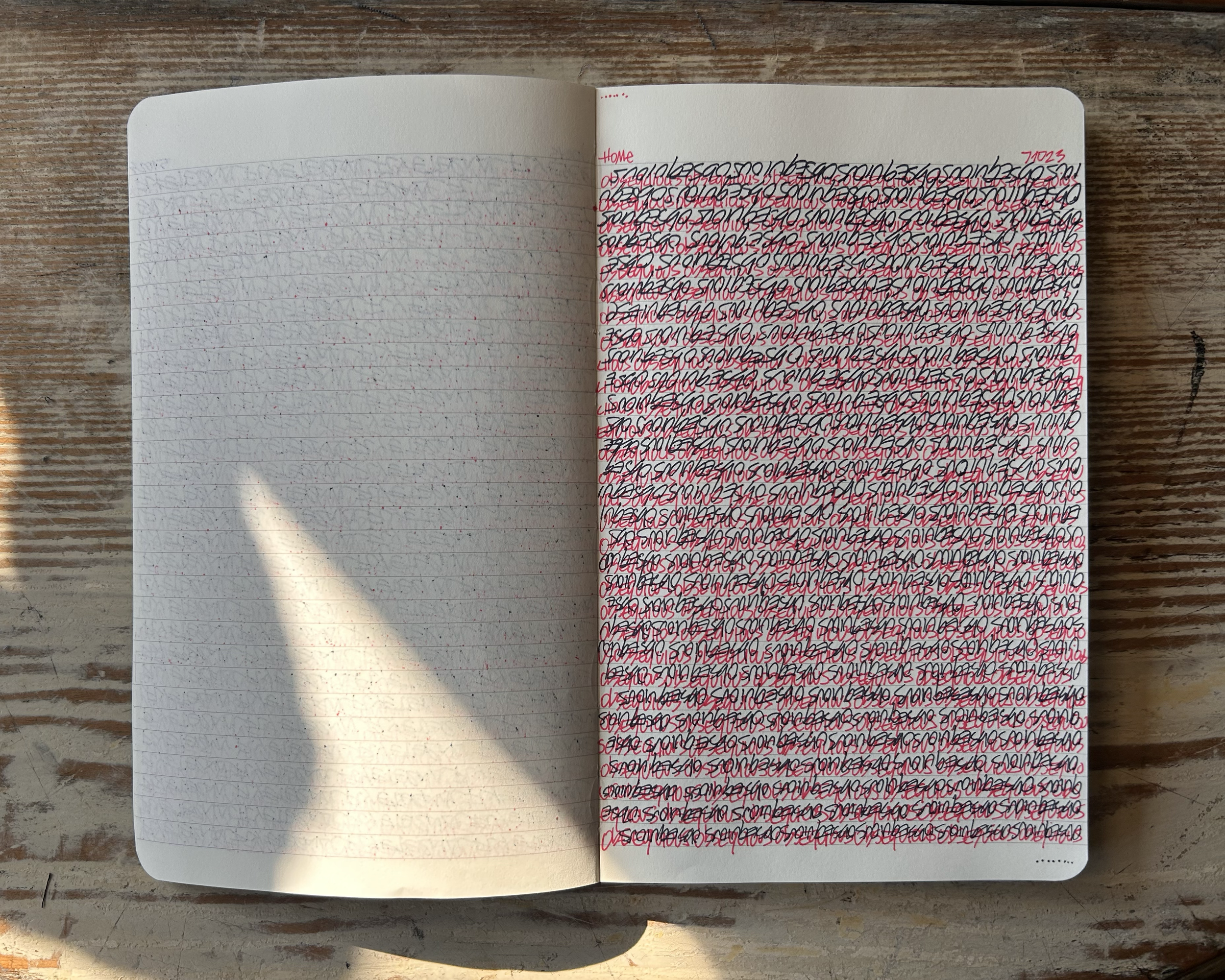 Open notebook on a wooden surface with one page covered in black cursive handwriting overlaid with red handwriting. The other page has faintly visible lines and red dots. The word 'Home' is written in red at the top of the right page.