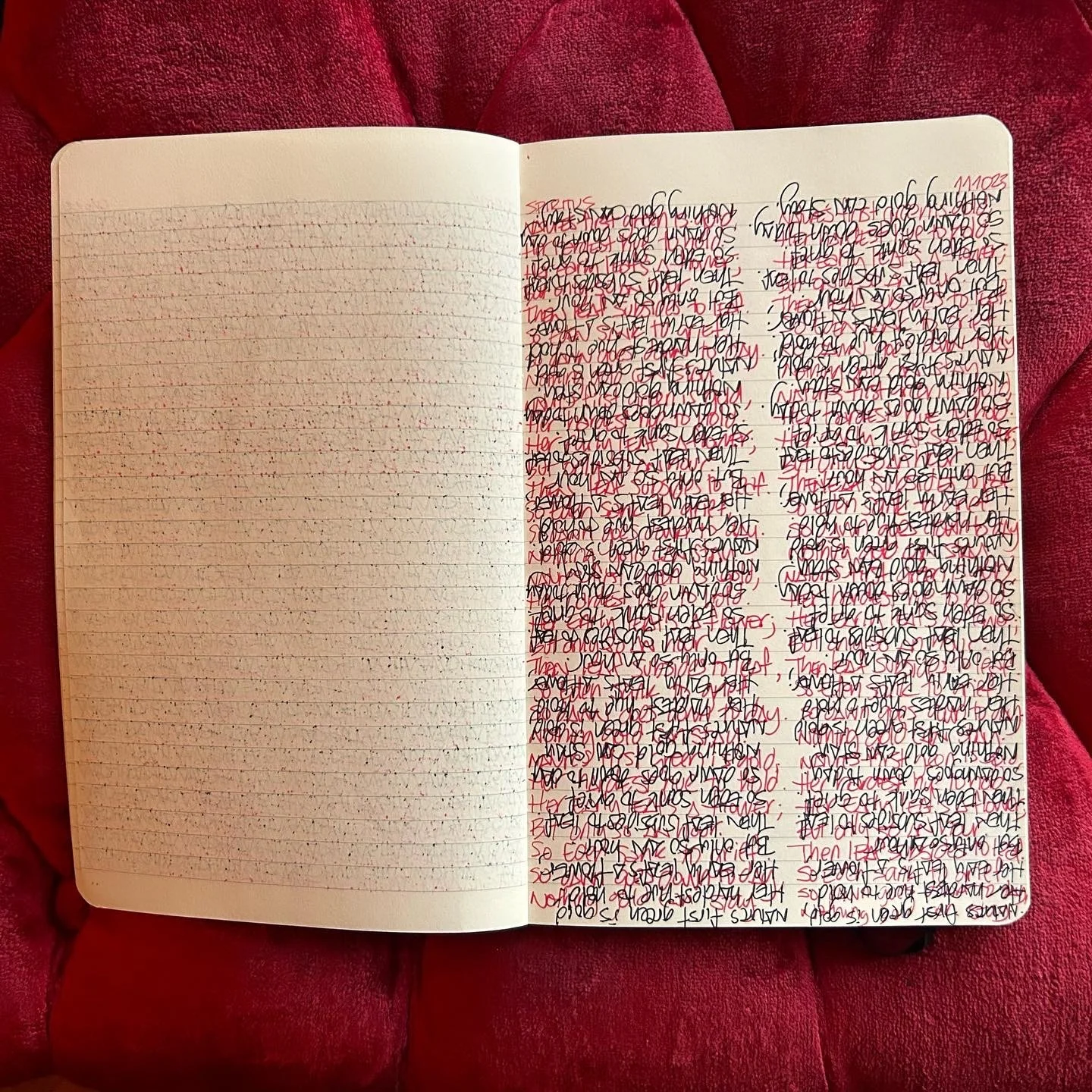 Open notebook with handwritten notes, one page with neat red writing, the other page with dense black and red writing, resting on a red fabric surface.