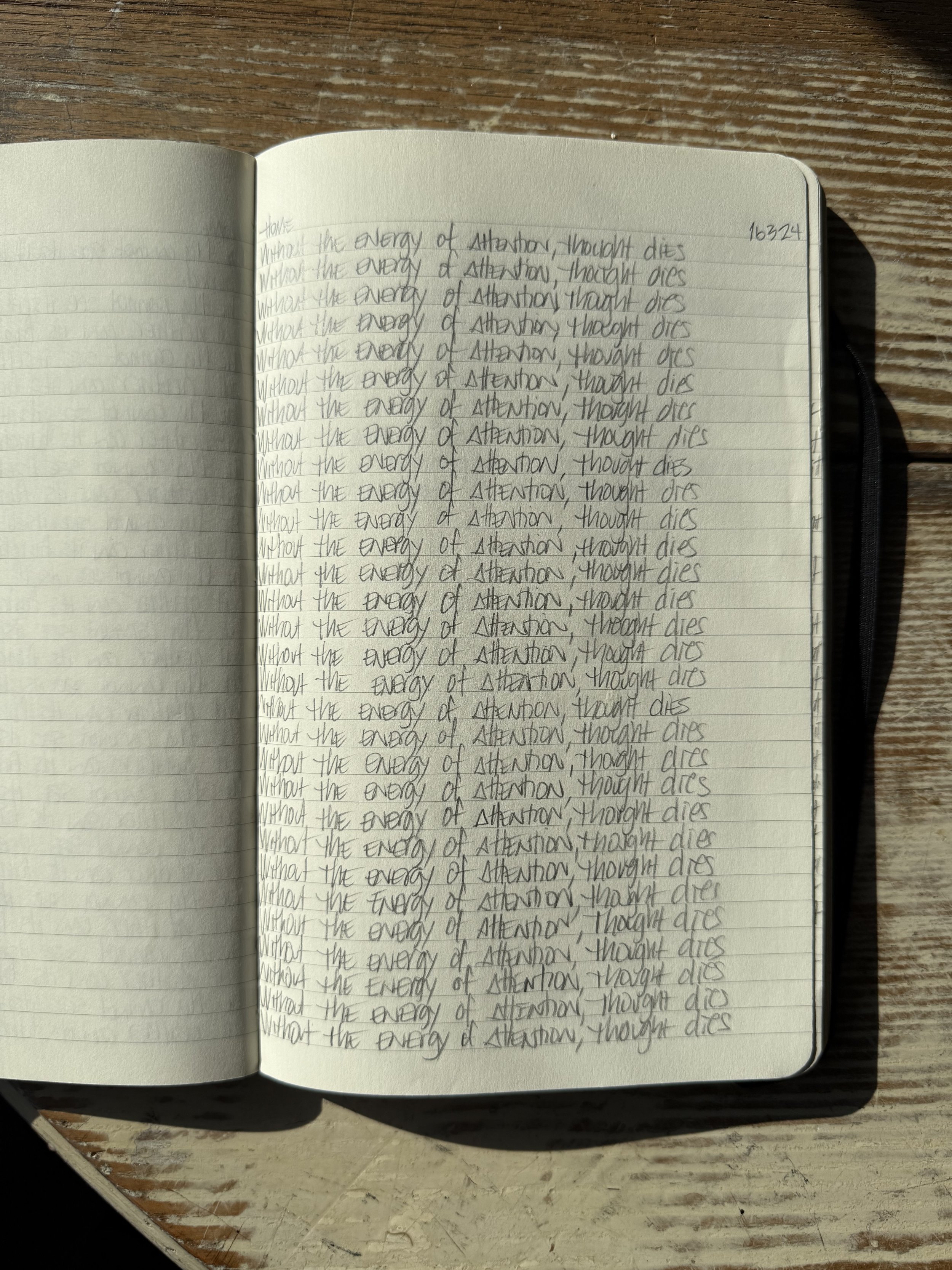 Open notebook lying on a wooden surface, with handwritten notes repeated several times, stating, 'What the energy of attention, thought dies.' The handwriting is neat and the notes are aligned in rows.