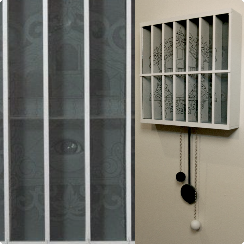 A person looking through a frosted glass door or window with vertical white bars and decorative circular patterns. To the right, there is a white wall-mounted wooden jewelry organizer with earrings hanging from chains.
