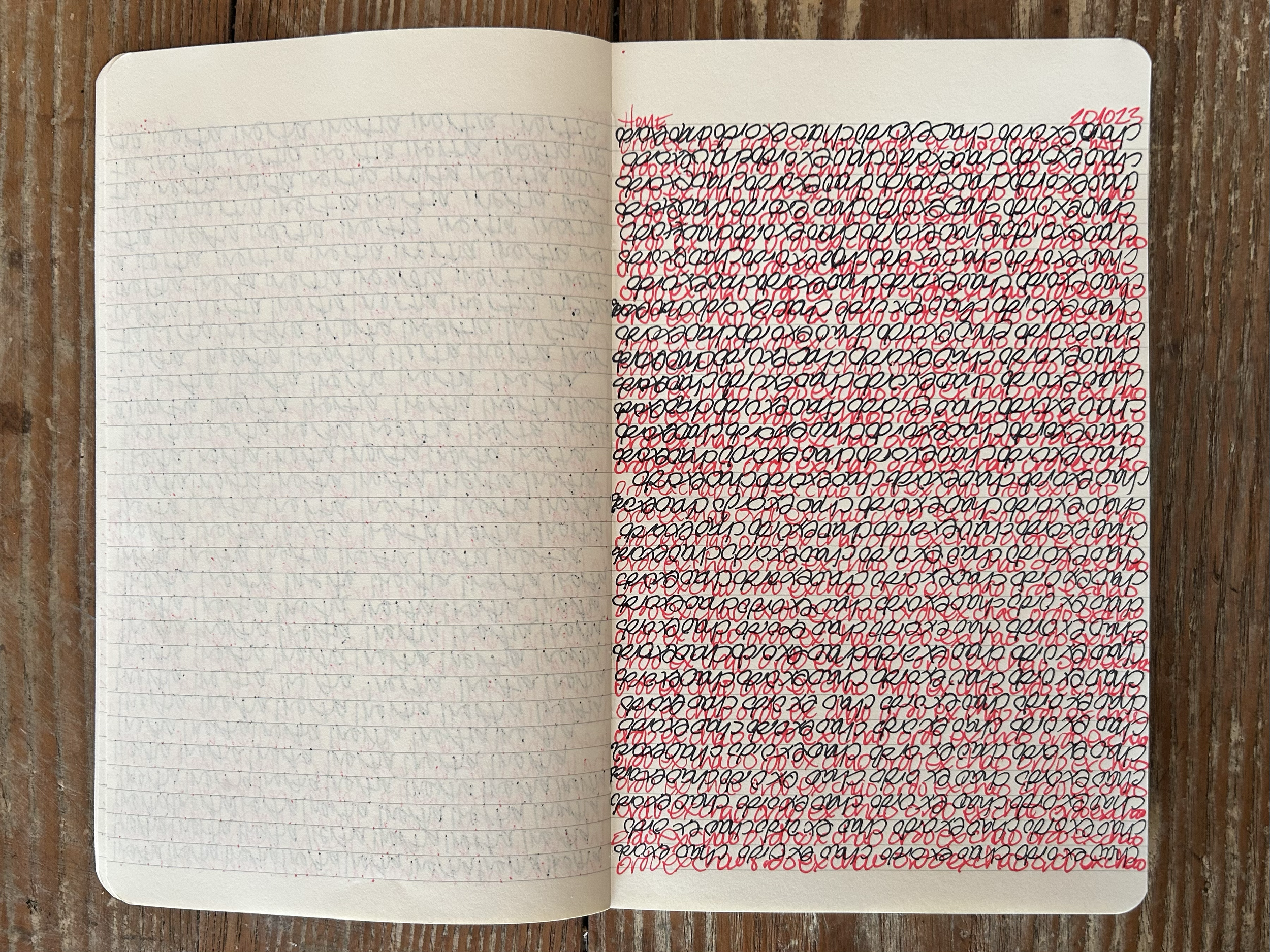 An open notebook with a lined white page on the left and a page filled with black and red cursive handwriting on the right, placed on a wooden surface.