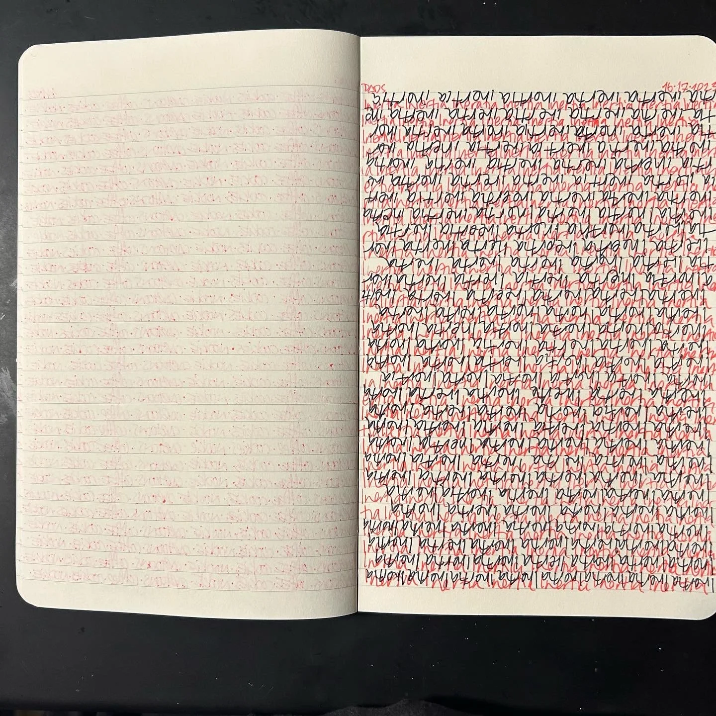 Open notebook with handwritten text on right page in black ink, with red corrections or annotations, and faint, unreadable text on the left page. The background is black.