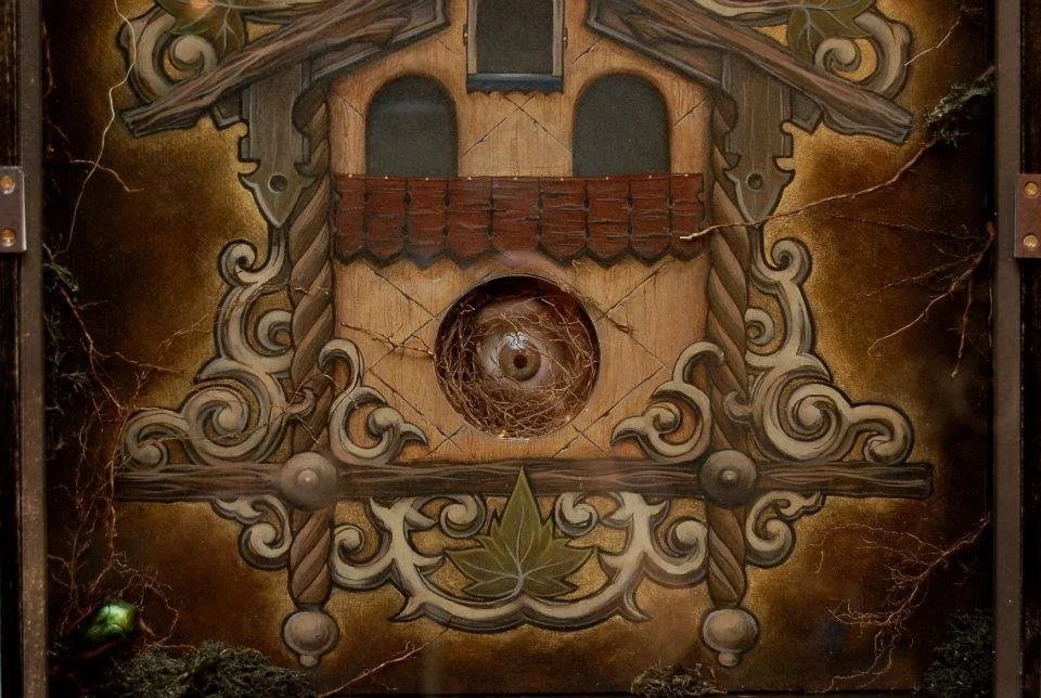 Decorative, spooky door with spider webs and an eye in the center.