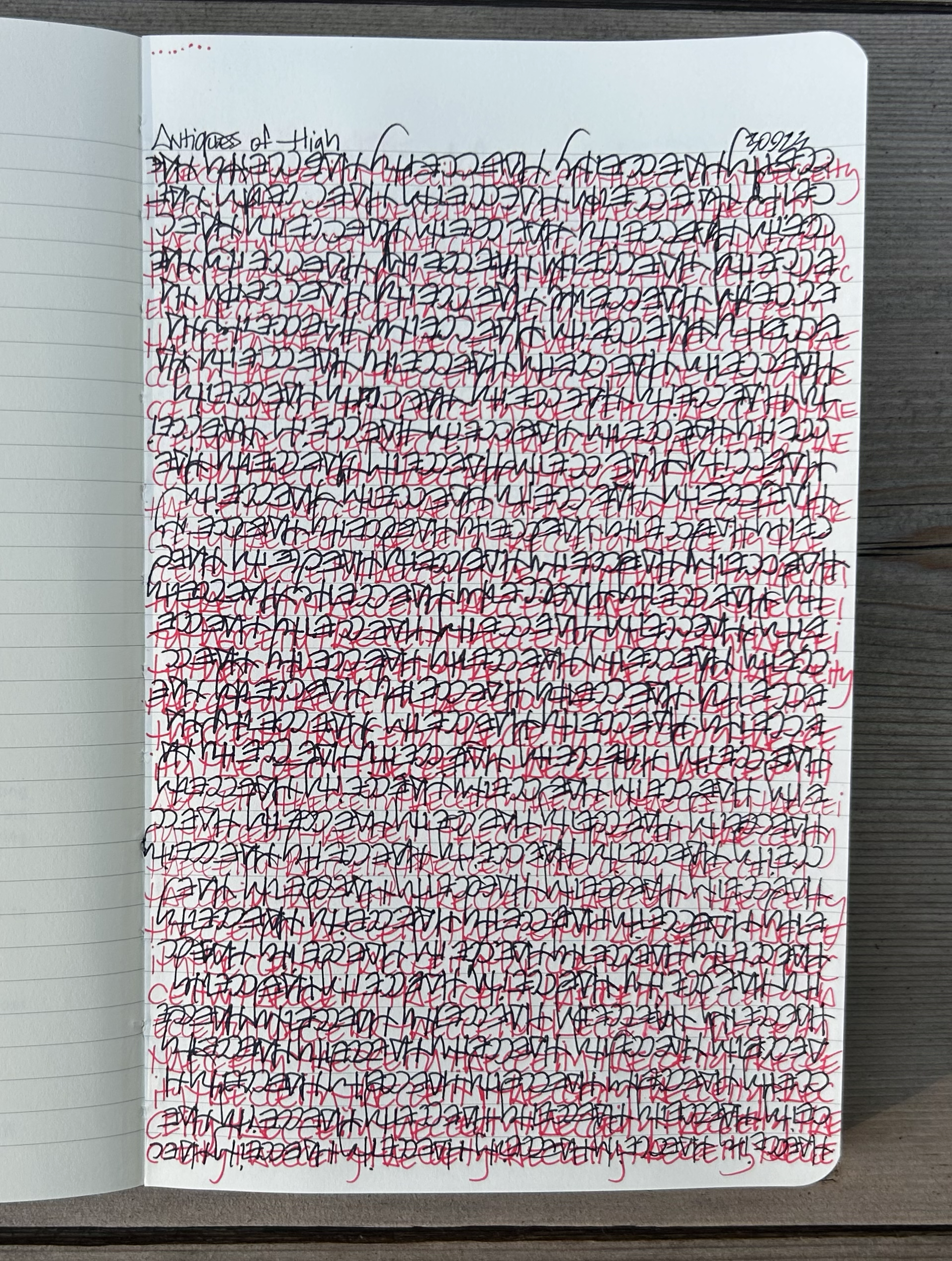 A page filled with handwritten notes in black and red ink, with the top part titled 'Antiques of High'. The writing is dense and overlaps, making it difficult to read.