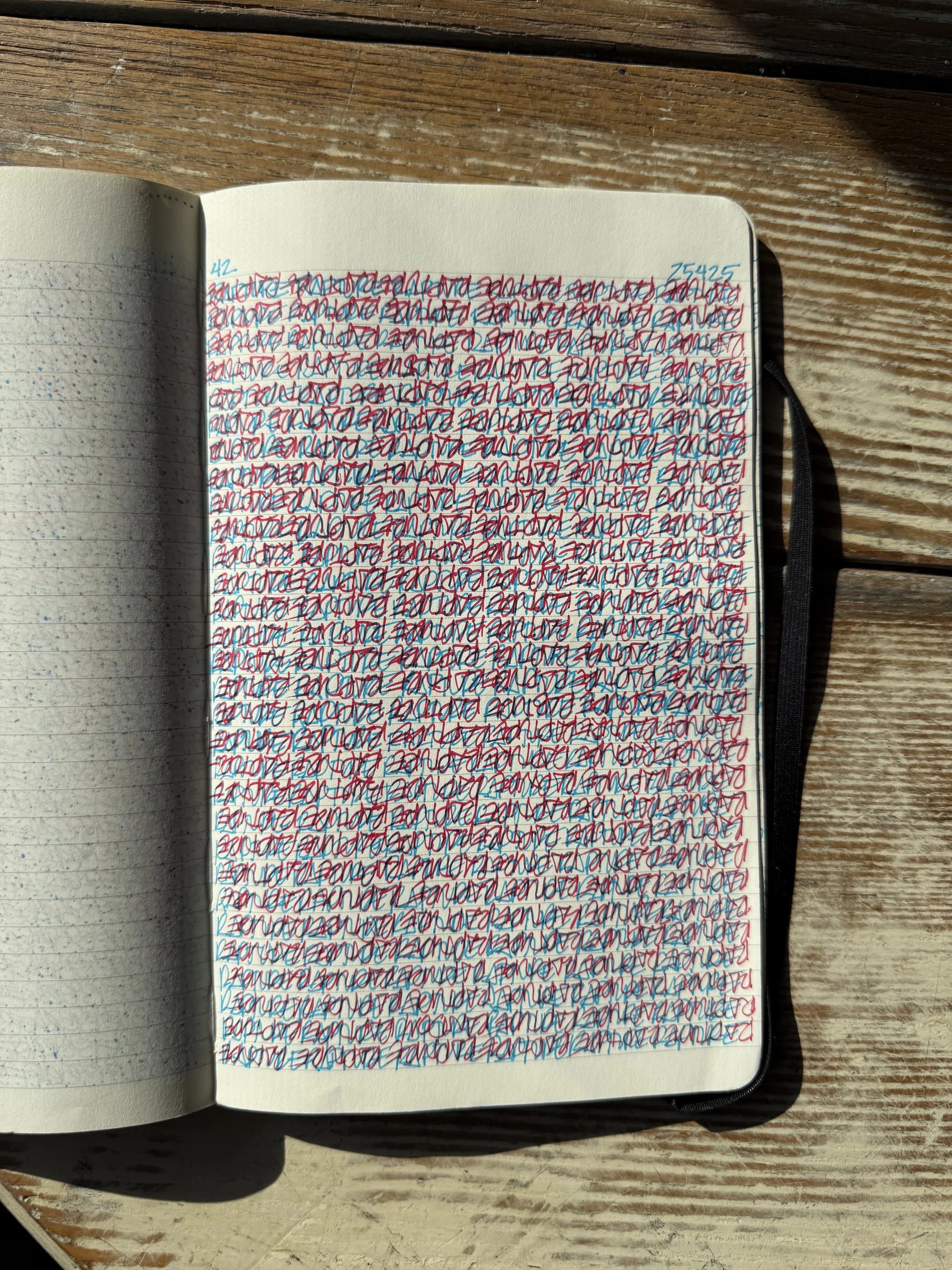 A notebook open on a wooden surface, filled with dense, colorful handwritten notes, with red and blue ink, and a number '42' written in blue in the top left corner.