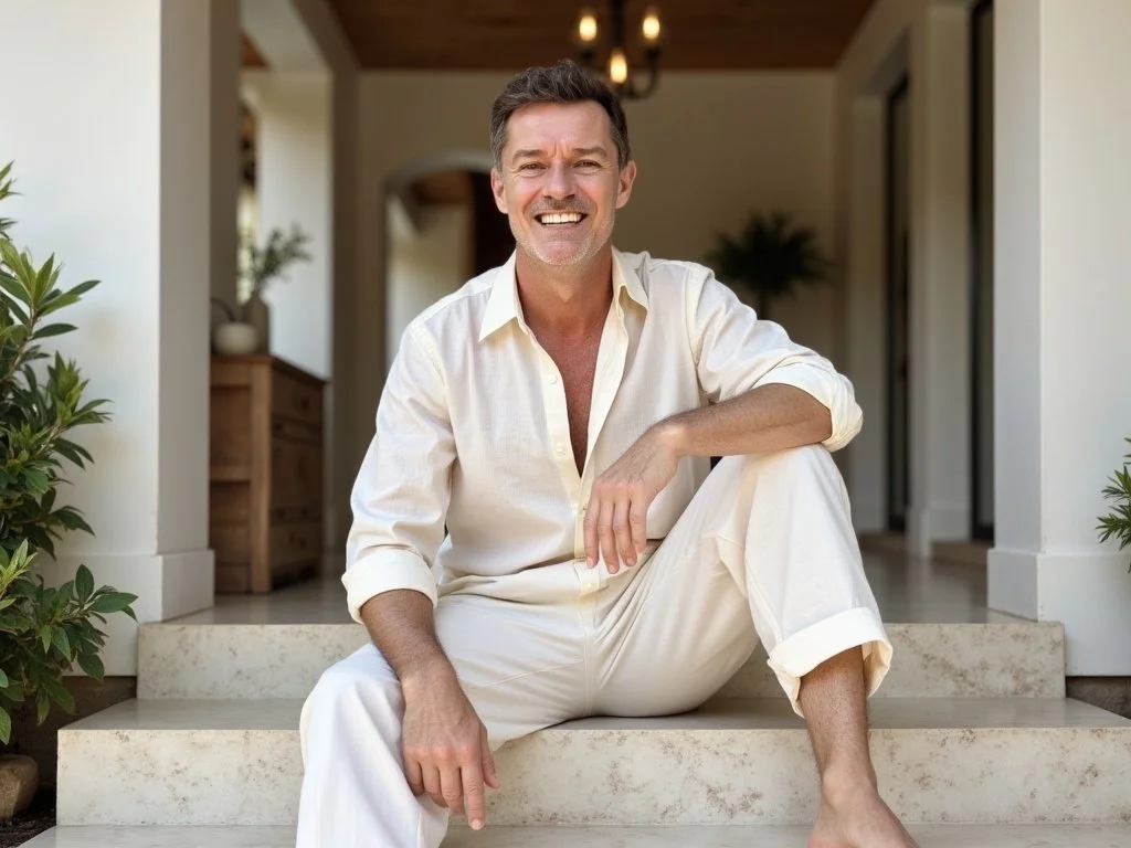A smiling man with gray hair and a beard, dressed in a light-colored shirt and pants, sits on the steps of a house porch with greenery on either side.