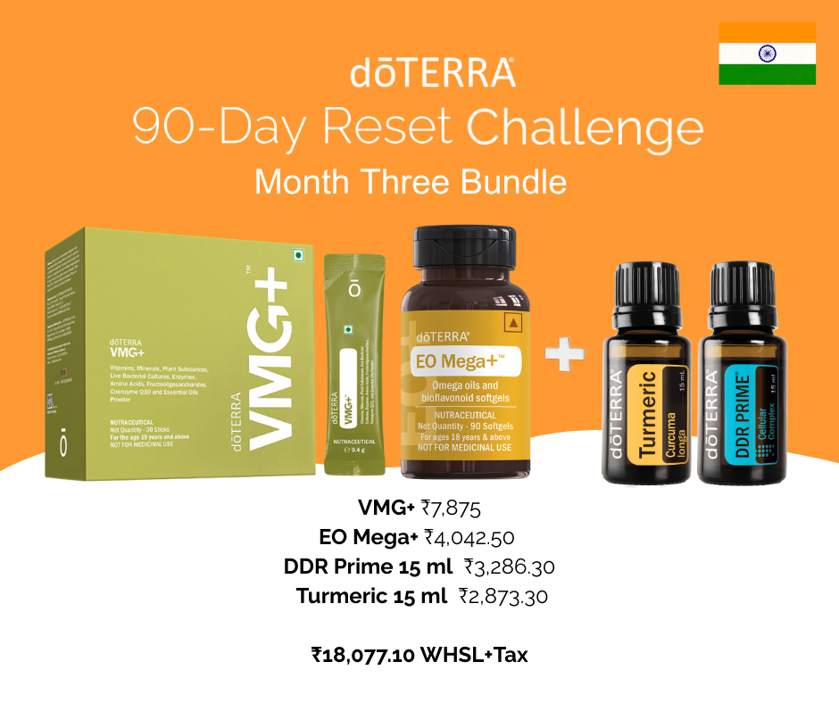 Advertisement for doTERRA 90-day reset challenge month three bundle featuring various essential oils and supplements in an orange background with an Indian flag in the top right corner.