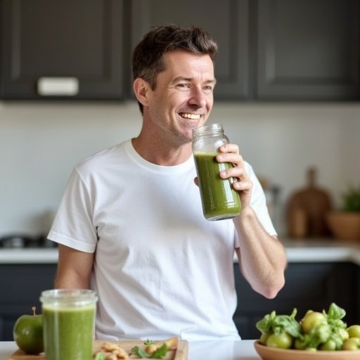 A man smiling while holding a green smoothie in a mason jar in a modern kitchen with green apples and vegetables around.