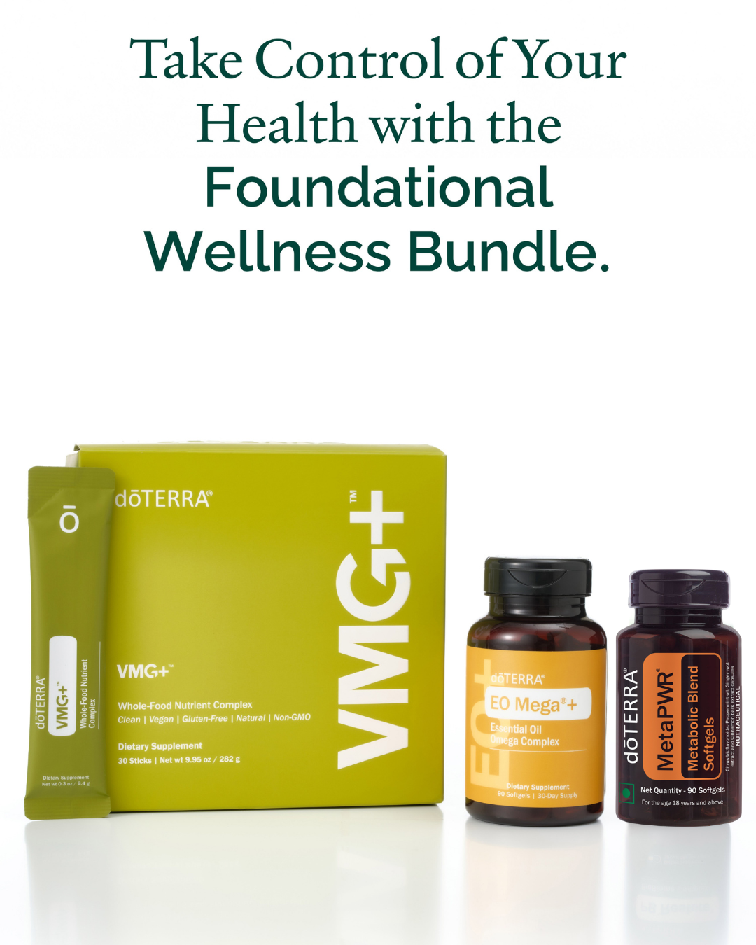 Image showing a doTERRA wellness supplement bundle with a green box labeled VMG+ and two bottles labeled EO Mega+ and MetaPWR.