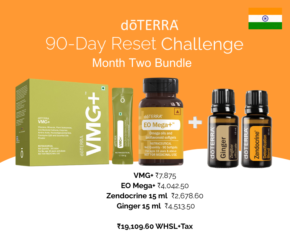 Image of a Doterra 90-day reset challenge month two bundle including VMG+, EO Mega, Zendocrine, and Ginger essential oils, with prices listed and Indian flag in the top right corner.