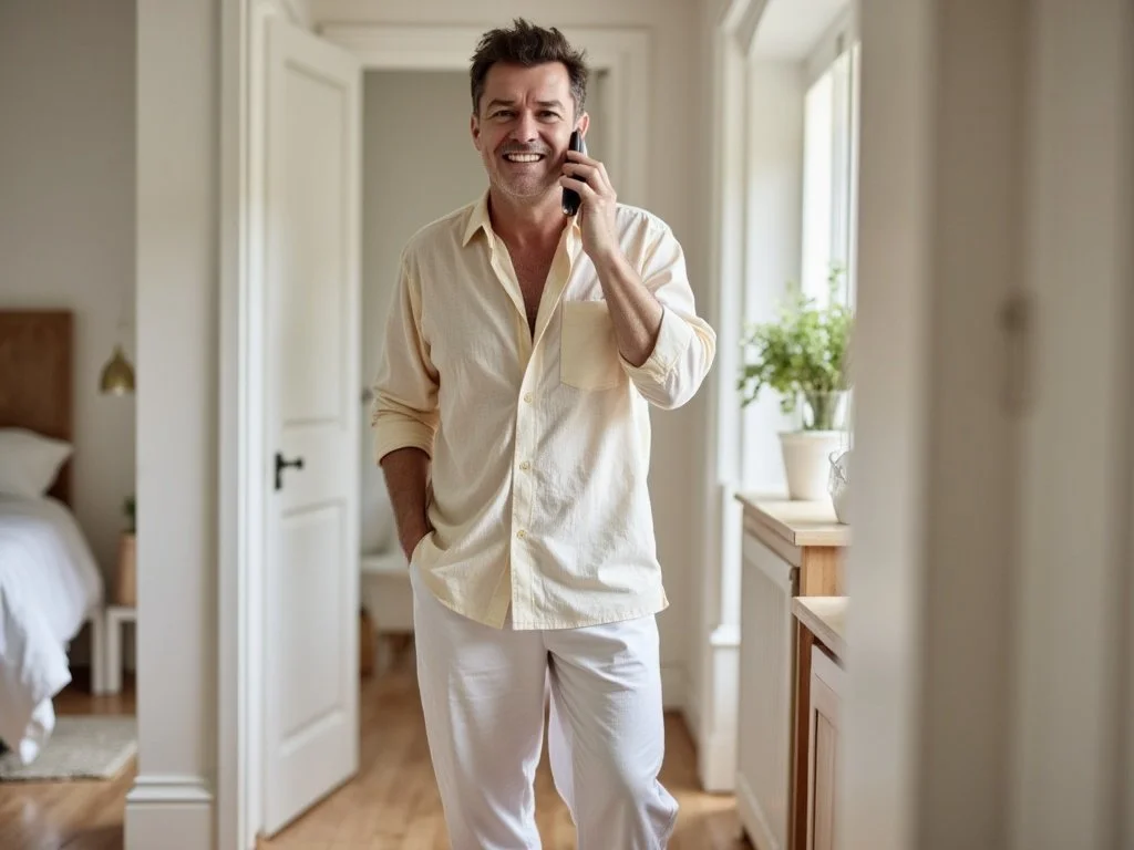 Man smiling, talking on cell phone, standing in a bright bedroom with natural light and houseplants.