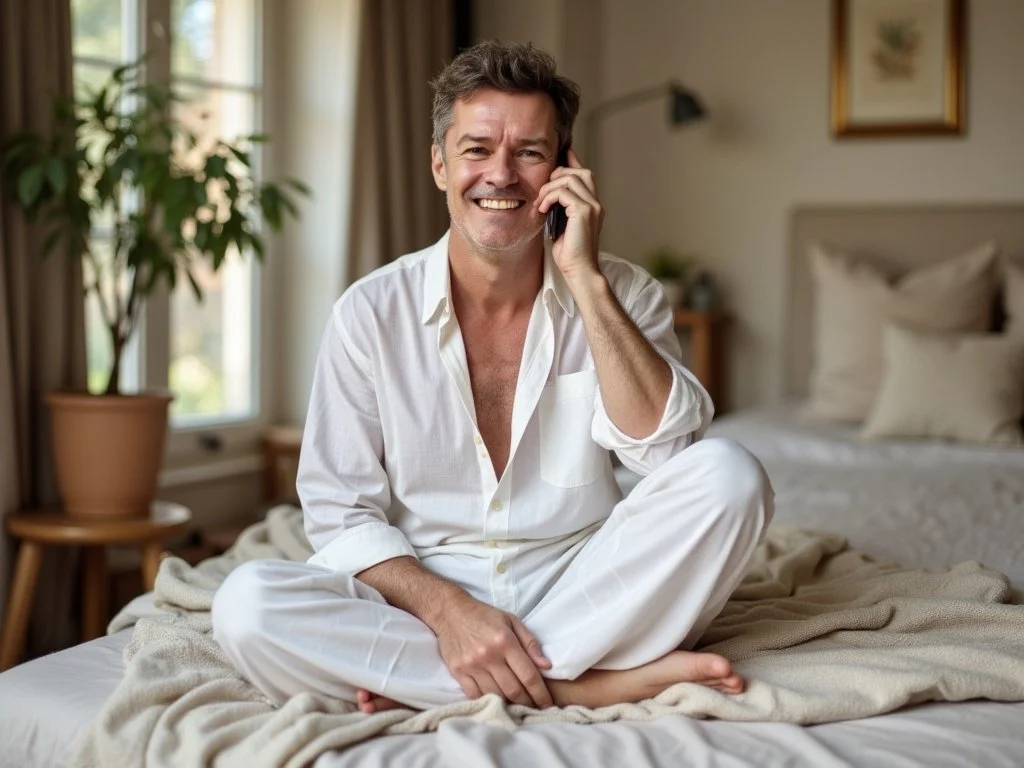 Smiling man in white pajamas sitting cross-legged on bed, talking on the phone in bedroom with natural light, potted plant, and framed artwork.