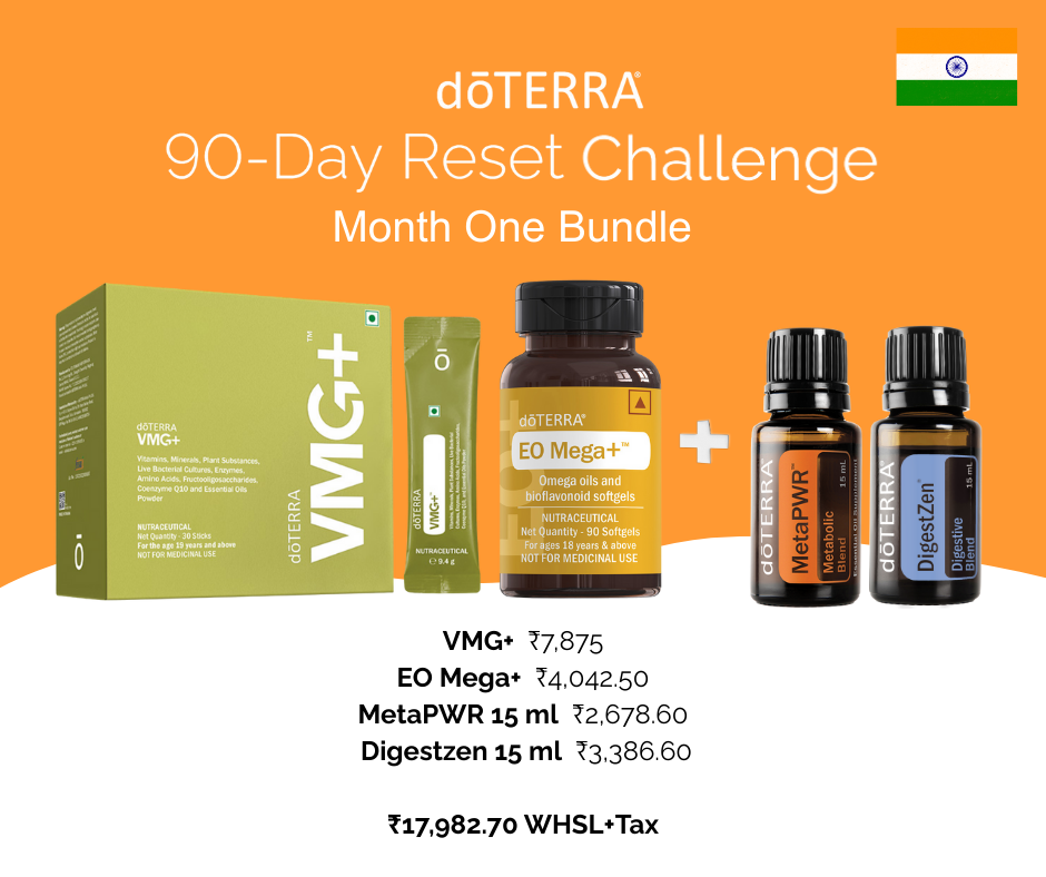 India flag and doTERRA 90-day detox challenge month one bundle featuring supplements and oils