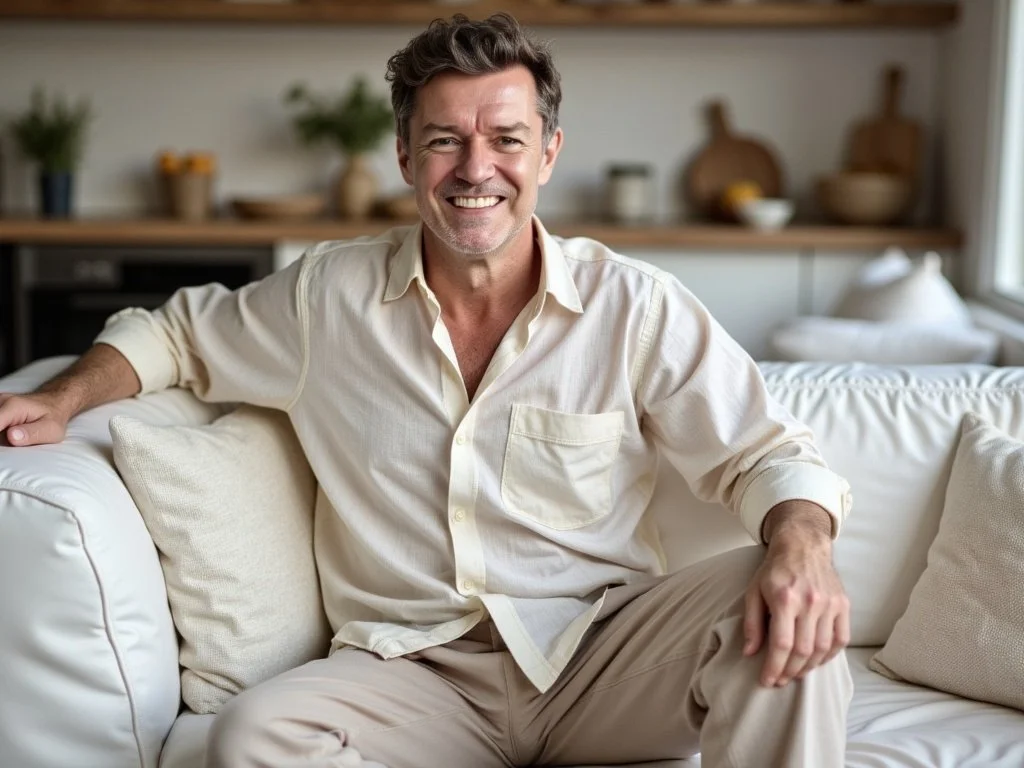 Smiling middle-aged man in a light-colored shirt sitting on a white sofa in a modern, cozy living room with wooden shelves and decorative items in the background.