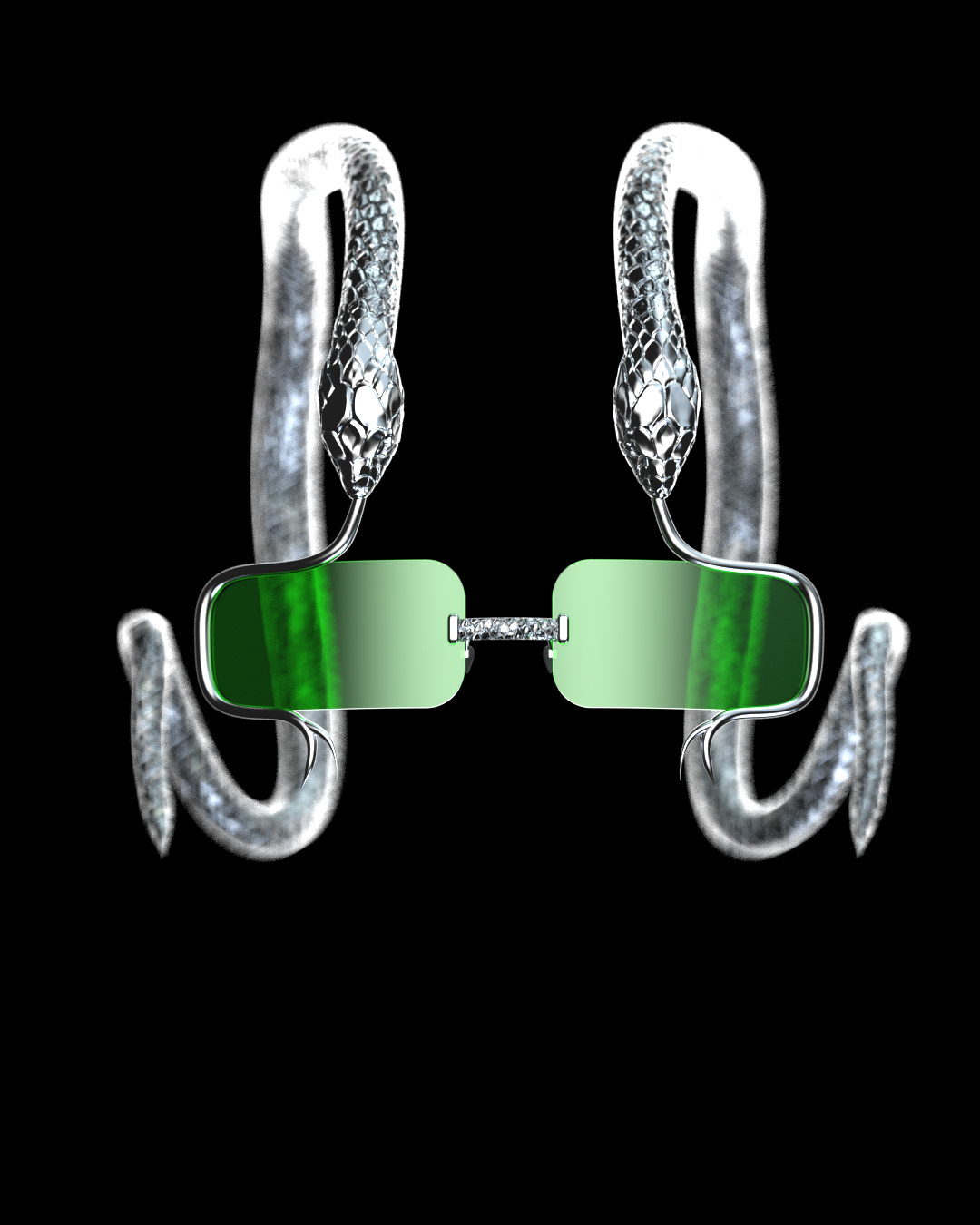 GFOU VORÉA OVER HEAD SNAKE ,snake-shaped sunglasses with green-tinted lenses against a black background.