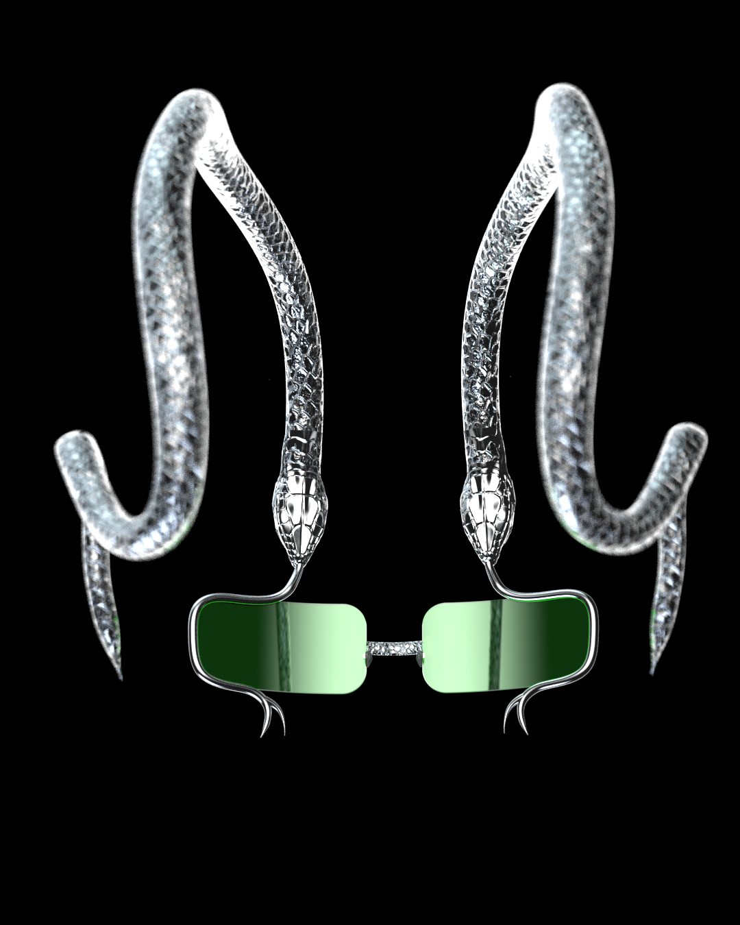 Silver over head snake-shaped eyewear  and green-tinted sunglasses against a black background.