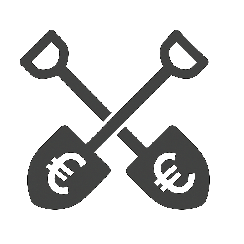 Two crossed shovels with euro currency symbols on the handles.