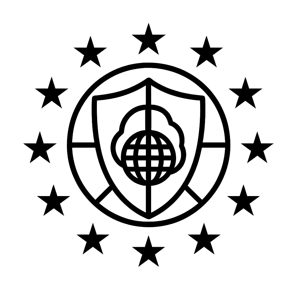 A black emblem with a globe, shield, and cloud in the center surrounded by stars.