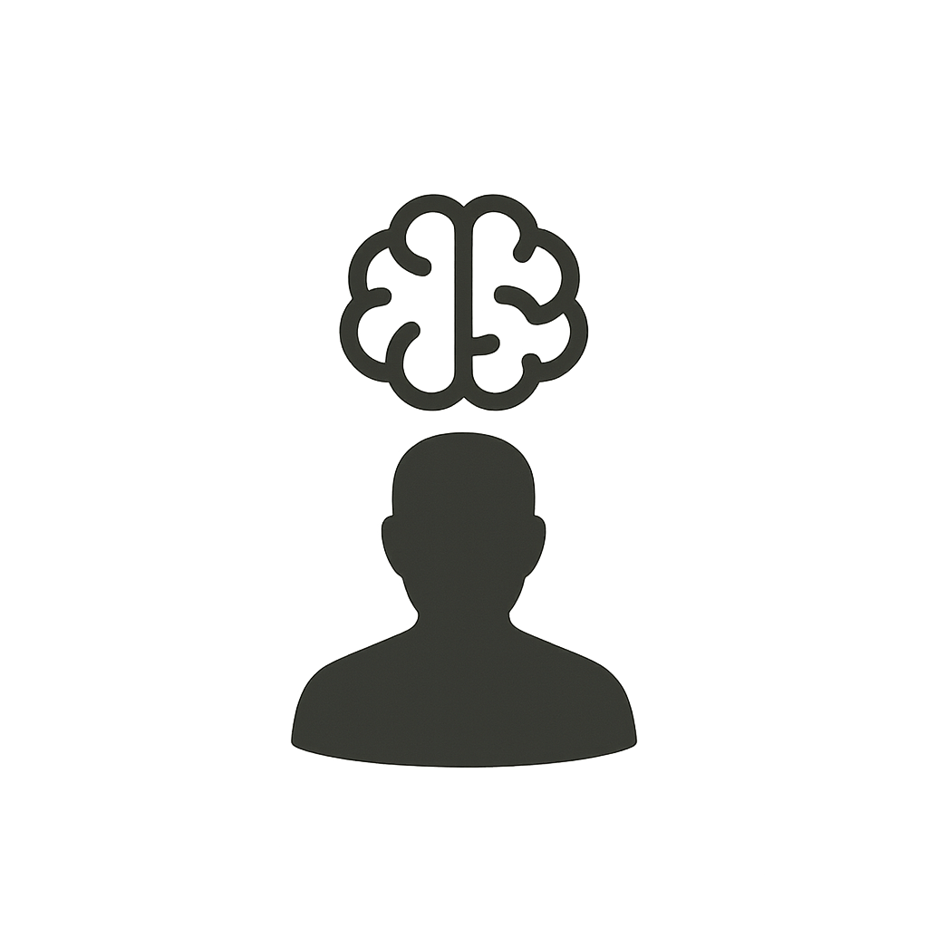 Black silhouette of a person's head and shoulders with a brain icon above it, on a gray background.