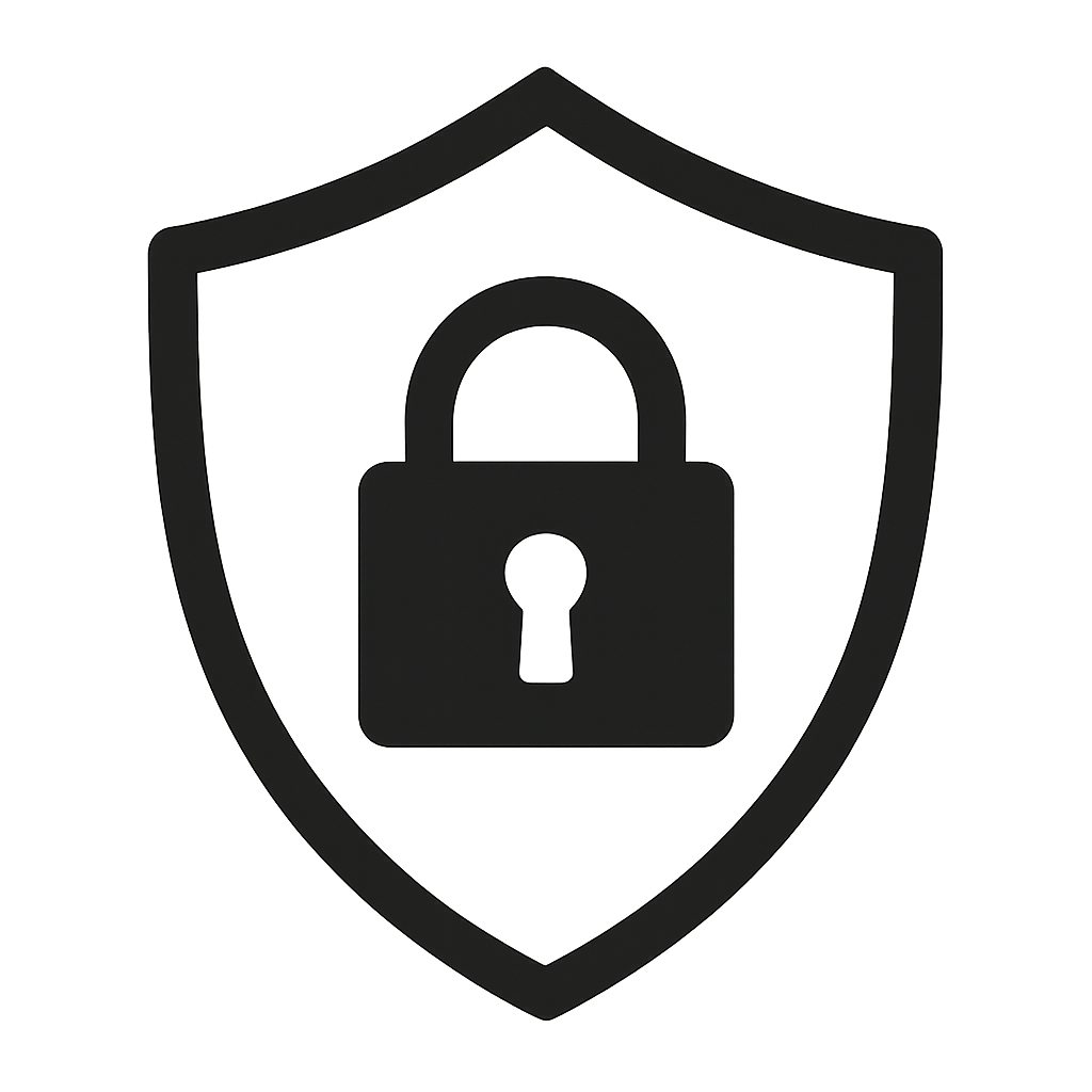 A black shield with a padlock symbol in the center, indicating security or protection.