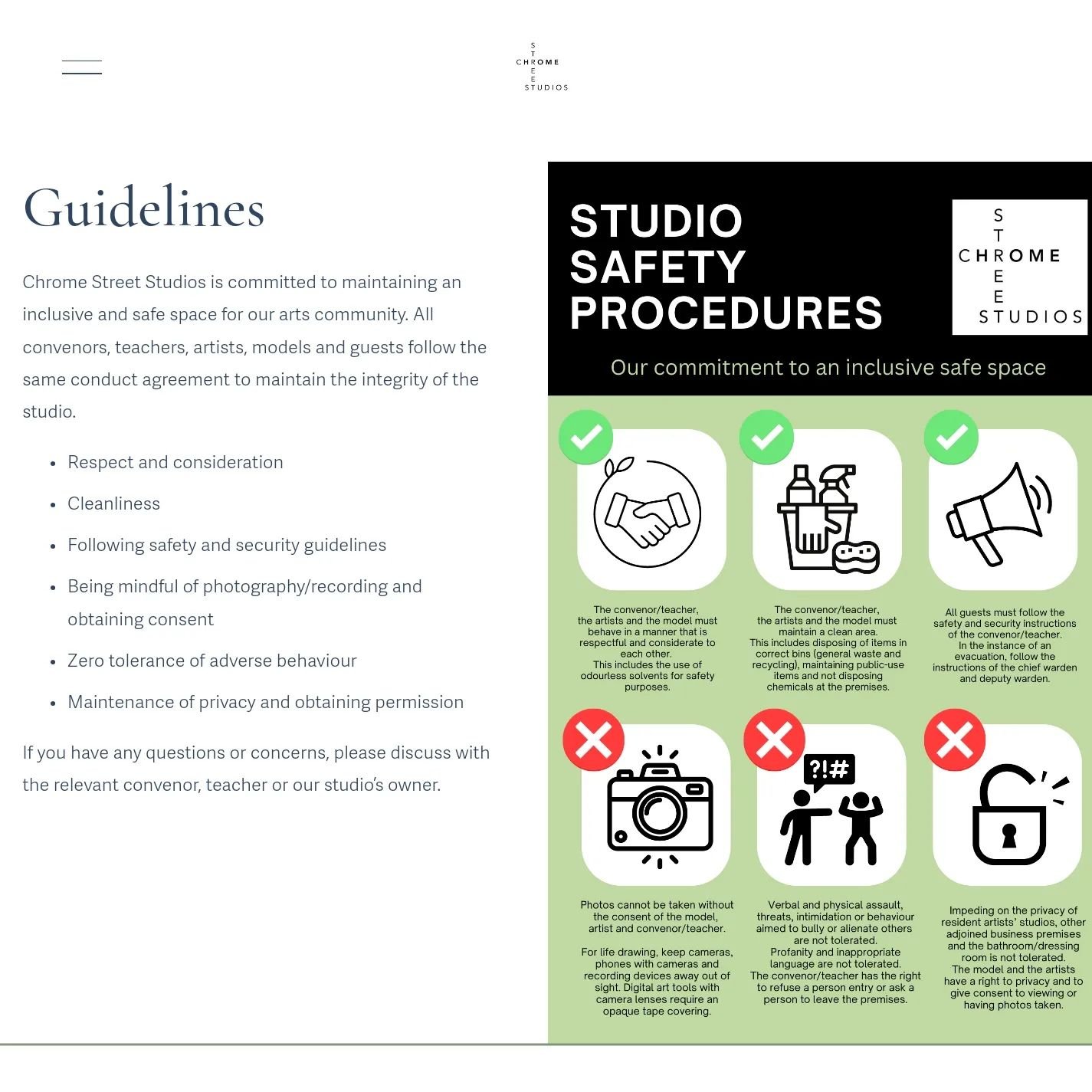 We are pleased to announce our commitment to an inclusive safe space and our studio guidelines are available online at www.chromestreetstudios.com/guidelines-and-faq

We hope to welcome everyone back for a fabulous new term of learning and creating! 