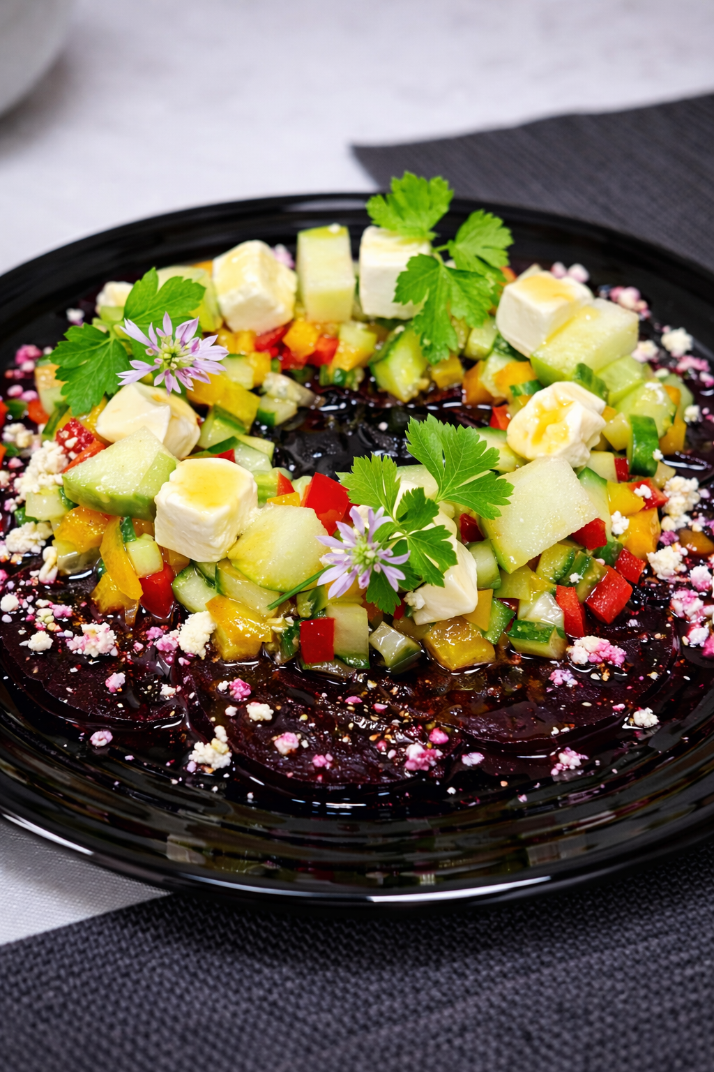 Ensalada de remolacha laminada con pepino, pimientos de colores y cubitos de queso fresco