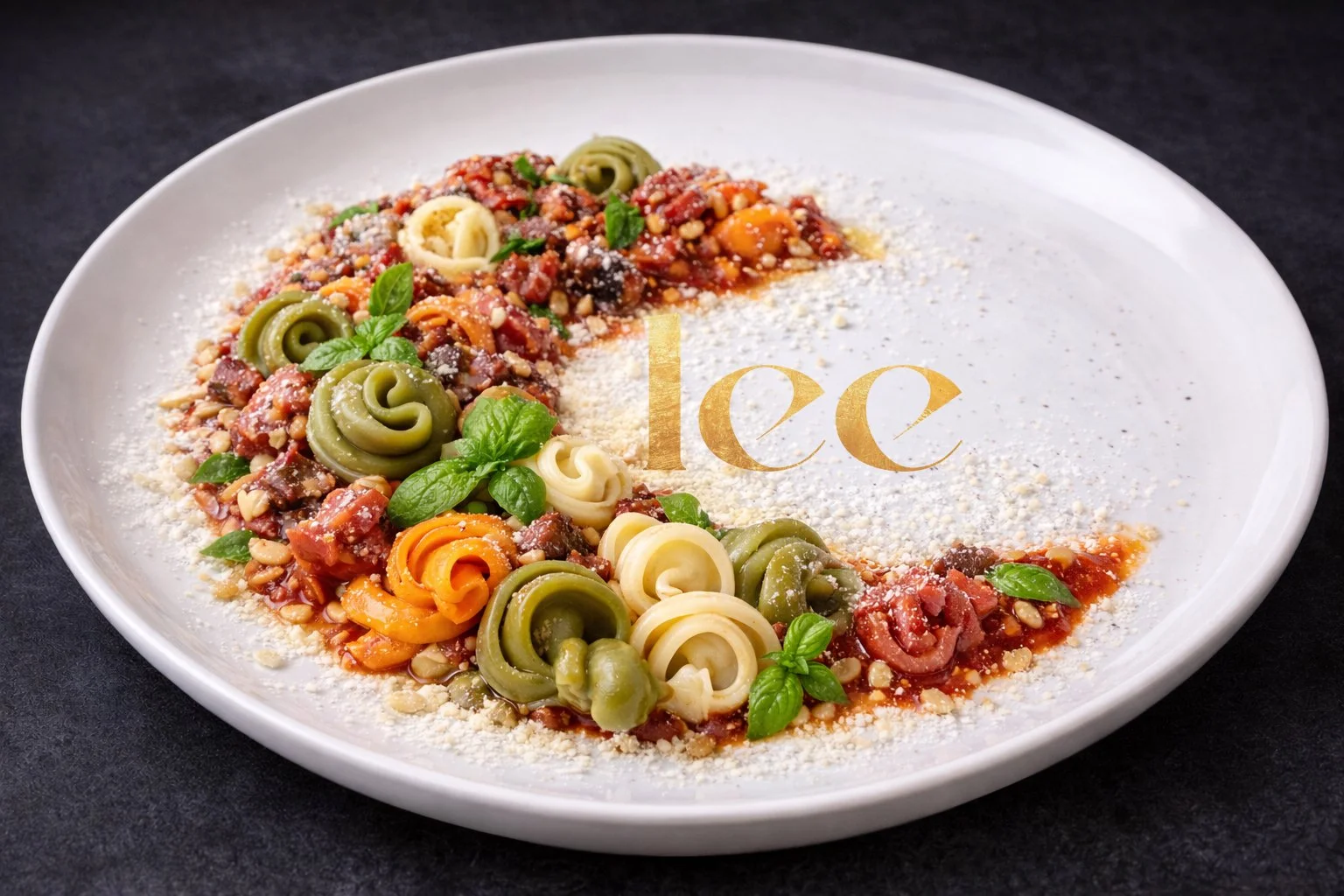 Pasta artesanal Funghetti all’Amatriciana, plato principal italiano con salsa de tomate y hierbas frescas.