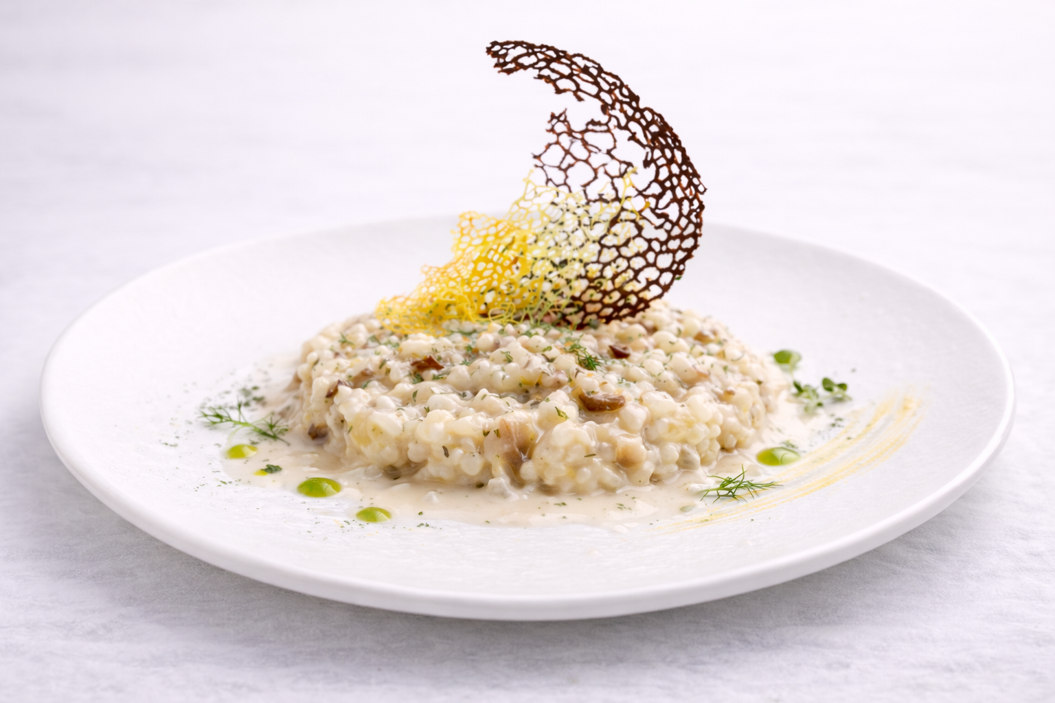 Risotto cremoso all’onda con champiñones salteados y tuile crujiente