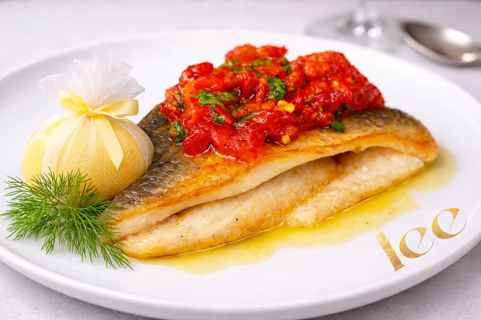 Filete de pescado fresco con salsa mediterránea, plato principal mediterráneo de cocina contemporánea.